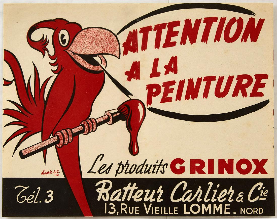 Original Advertising Poster Fresh Paint Parrot Grinox: Original vintage paint warning notice poster - Attention a la Peinture Les produits Grinox Batteur Carlier et Cie Lomme Nord - featuring a fun design depicting a smiling parrot looking out to the view