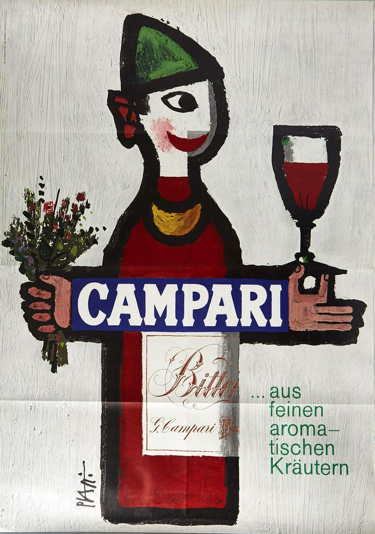 Original Advertising Poster Campari Bitter Piatti: Original vintage drink advertising poster for Campari bitters - ...aus feinen aromatischen Krautern / ...from fine aromatic herbs - featuring great artwork by notable Swiss artist Celestino Piatti (19