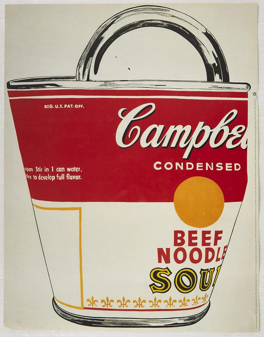 Original Advertising Poster Andy Warhol Campbell Soup: Commercial poster of Andy Warhol artwork of Campbell soup can printed for sale to the public by Neus Publishing Co, NY under license from Warhol Foundation of Visual Arts. Colourful pop art design by 