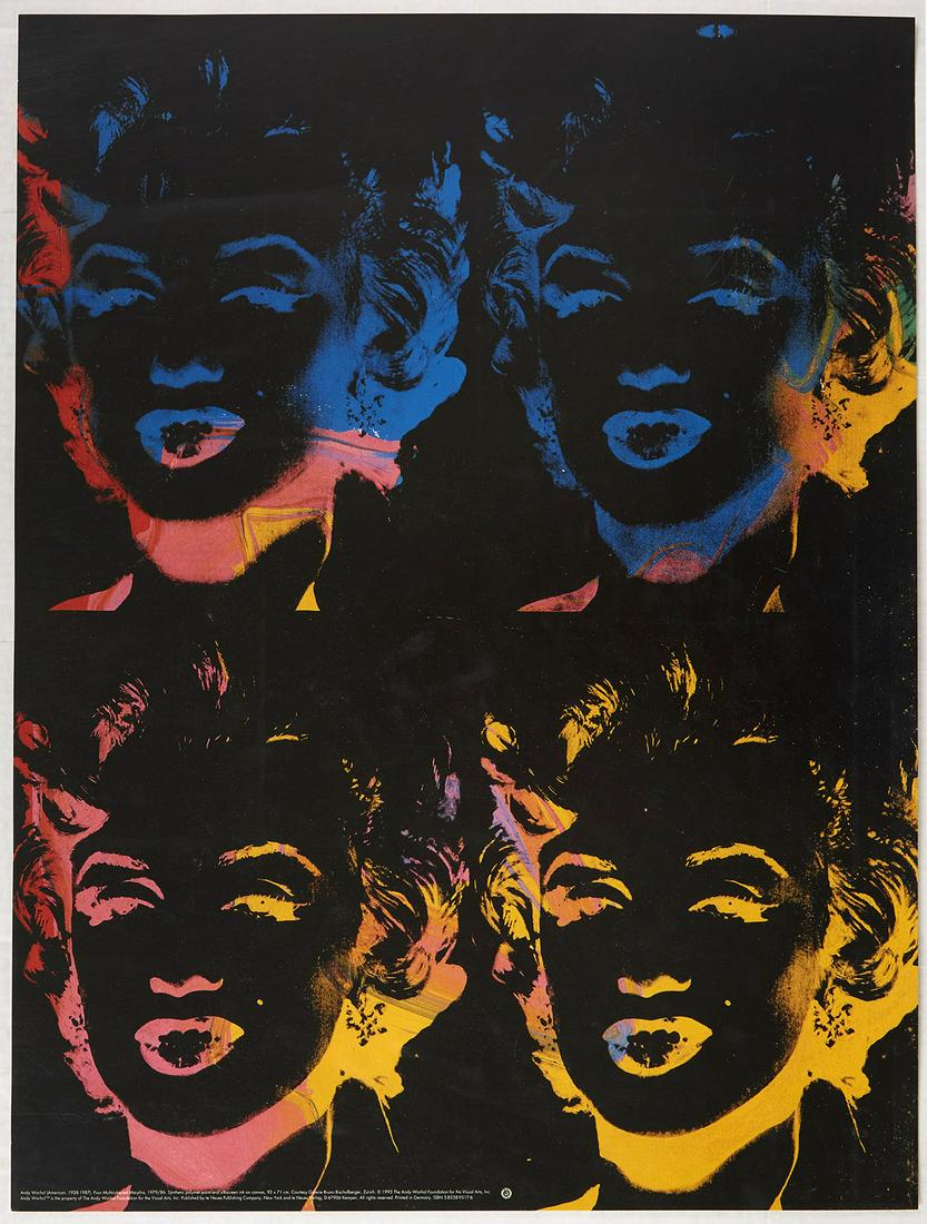 Original Advertising Poster Andy Warhol Four Marilyns: Commercial poster of Andy Warhol portrait of Four Marilyns printed for sale to the public by Neus Publishing Co, NY under license from Warhol Foundation of Visual Arts. Pop art design by the notable A