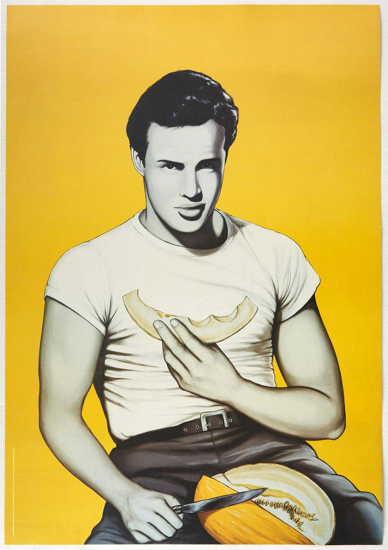 Original Advertising Poster Antonio de Felipe Spiritu: Original artist poster featuring a fun and colourful design by the Spanish artist Antonio De Felipe (b.1965) entitled Melon Blando depicting the notable American actor Marlon Brando (1924-2004) leanin