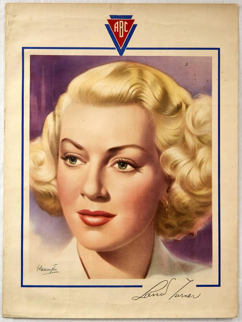 Original Movie Poster ABC Cinemas Lana Turner: Original vintage movie poster featuring a portrait by G. Harrington depicting Lana Turner - a famous pin-up model and a film actress In the mid-1940s, she was one of the highest-paid actresses in the 