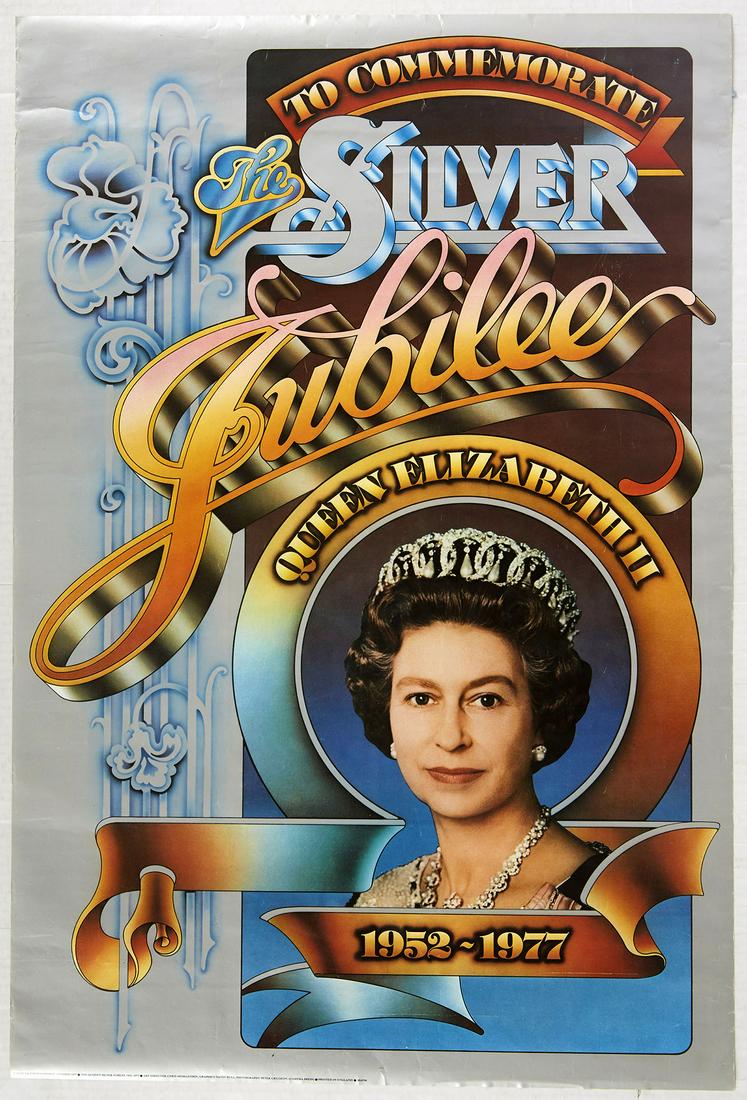 Original Propaganda Poster The Silver Jubilee Queen: Original vintage poster to commemorate the Silver Jubilee for Queen Elizabeth II celebrating her reign from 1952-1977. Great artwork features a portrait of the Queen surrounded by stylised blue and ye