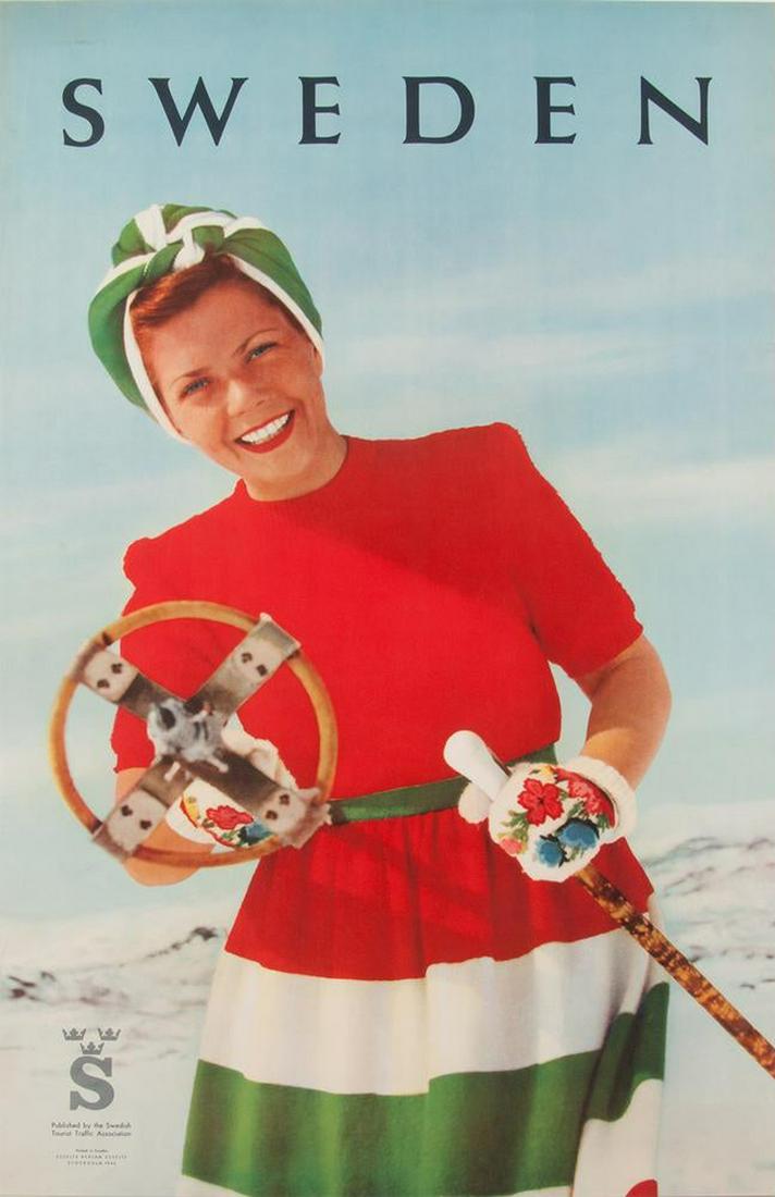 Original Sport Poster Sweden Ski Lady Skier: Original vintage ski sports poster issued by the Swedish Tourist Traffic Association. Fun photo of a lady wearing a red, white and green dress pointing a wooden ski pole at the viewer. Printed by Esse