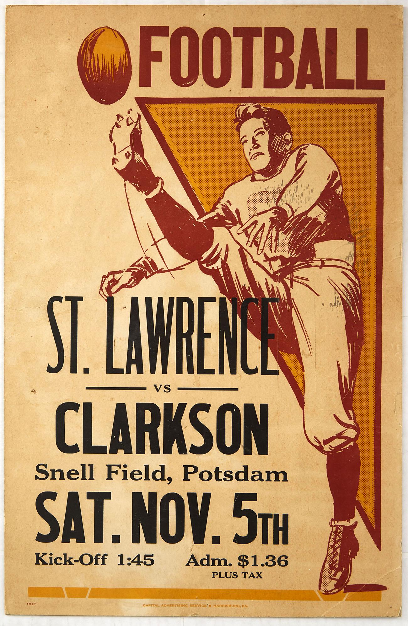 Original Sport Poster College Football St Lawrence: Original vintage poster for a college sport event - Football St Lawrence vs Clarkson Snell Field Potsdam Sat. Nov. 5th - featuring a dynamic image in shades of red and orange of a footballer kicking a