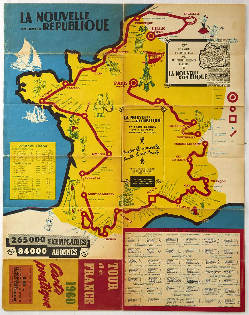 Original Sport Poster Tour de France Map Cycling 1960: Original vintage Tour de France 1960 carte pratique double sided cycling map featuring a colourful pictorial map of the route marked in red from Lille to Paris with the cities and stops marked, people