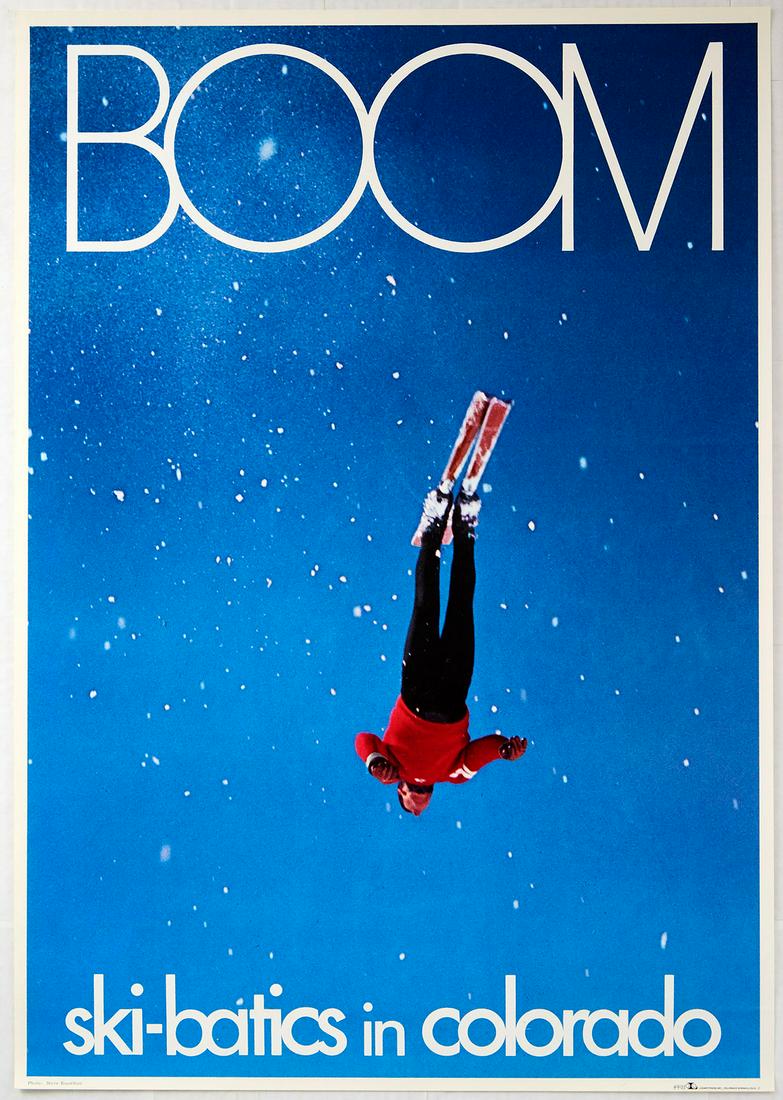 Original Sport Poster Boom Ski Batics Skiing Colorado: Original vintage ski poster Boom ski-batics in Colorado featuring a great image of a man ski jumping from a low angle with blue sky in the background. Excellent condition. Country of issue: USA, desig