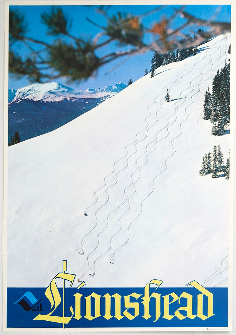 Original Sport Poster Lionshead Vail Ski Colorado: Original vintage ski travel poster for Lionshead in Vail, Colorado, ski resort featuring a great image depicting a birdseye view of five people skiing down a mountain leaving a trail in the clean whit