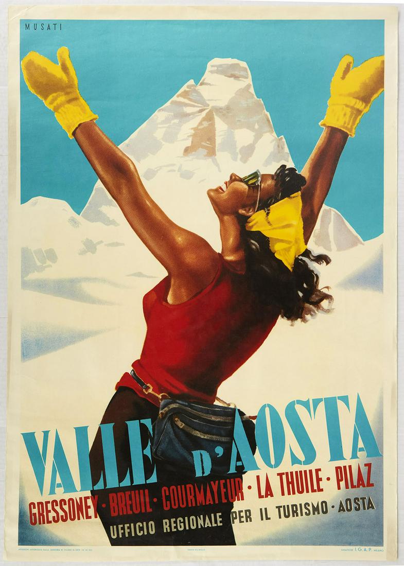 Winter Sport Poster Aosta Valley Ski Italy Skiing: Vintage re-issue of the 1950s ski and winter sport travel poster for the Valle d'Aosta / Aosta Valley - Gressoney Breuil Courmeyeur La Thuile Pilaz - featuring a colourful image of a smiling lady wear