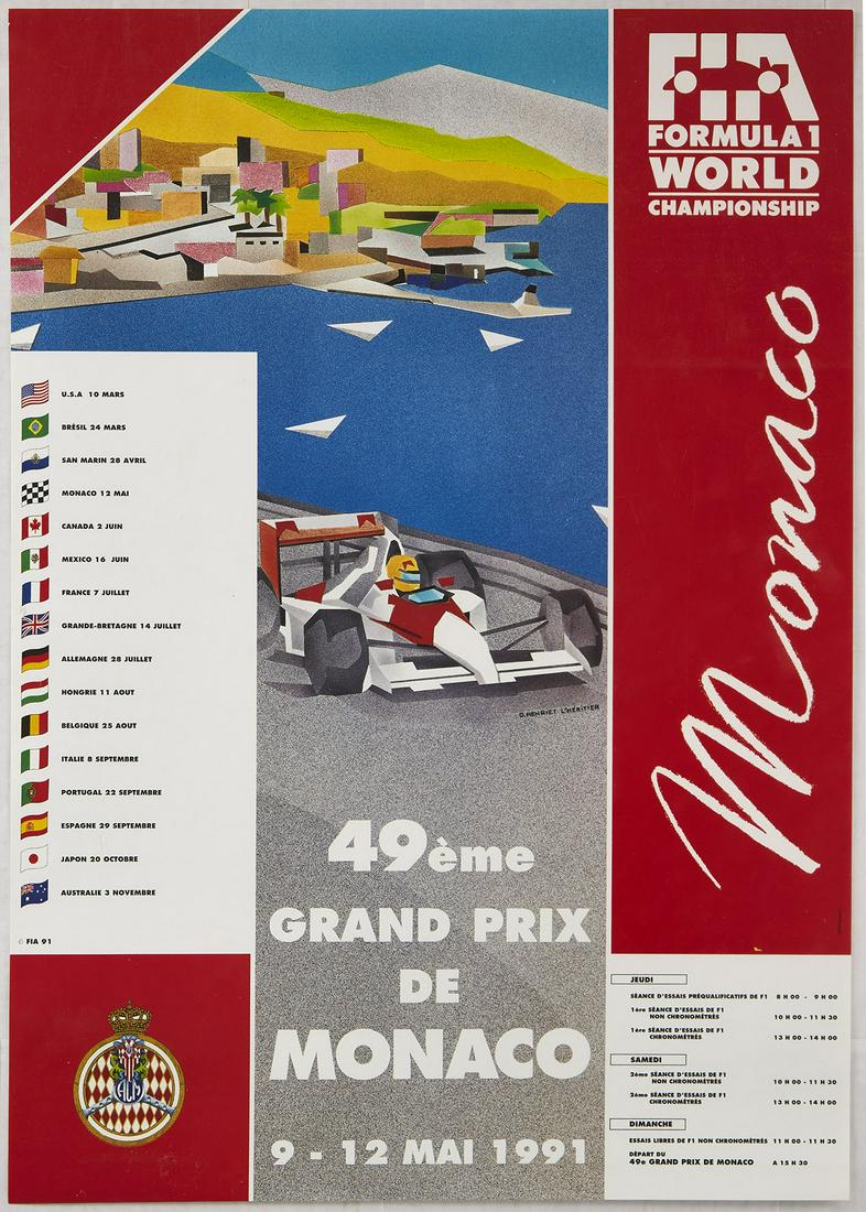 Original Sport Poster Monte Carlo Formula One Grand: Original vintage motorsport poster for the 49 Grand Prix in Monaco that took place between 9 and the 12 May 1991. Great image of red and white Formula 1 car driving next to the sea with a seaside town