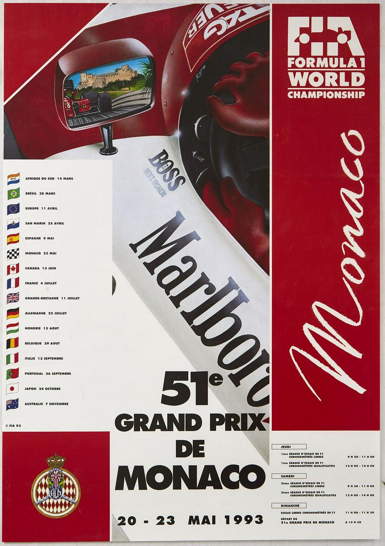 Original Sport Poster Monte Carlo Formula One Grand: Original vintage motorsport poster for the 51 Grand Prix in Monaco that took place between 20 and the 23 May 1993. Great close-up image of a red and white Formula 1 car driving including the iconic Ma