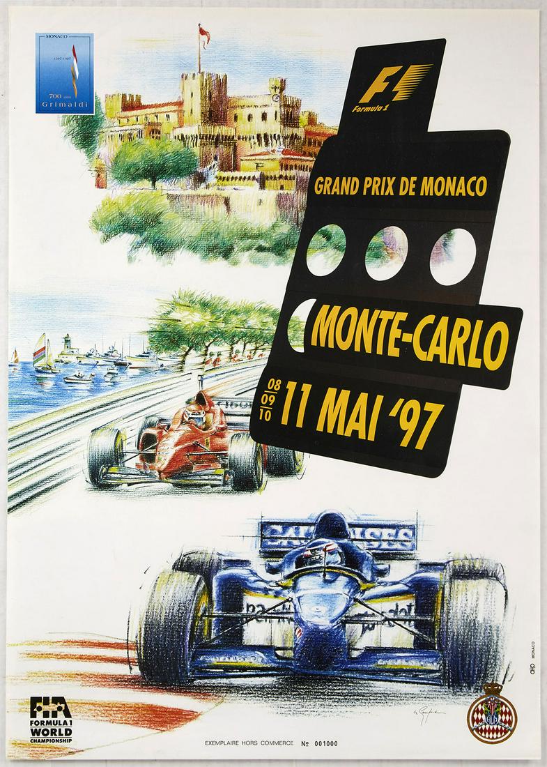 Original Sport Poster Monte Carlo Formula One Grand: Original vintage motorsport poster for the 55 Grand Prix in Monaco that took place between 8 and the 11 May 1997. Great image of Formula 1 cars driving next to boats on the sea and with a historic cas