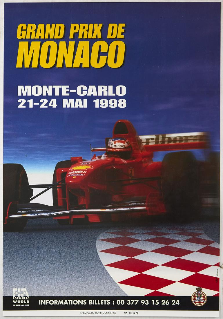 Original Sport Poster Monte Carlo Formula One Grand: Original vintage motorsport poster for the 56 Grand Prix in Monaco that took place between 21 and the 24 May 1998. Great image of a red Formula 1 car driving over a red and white chequered pattern wit