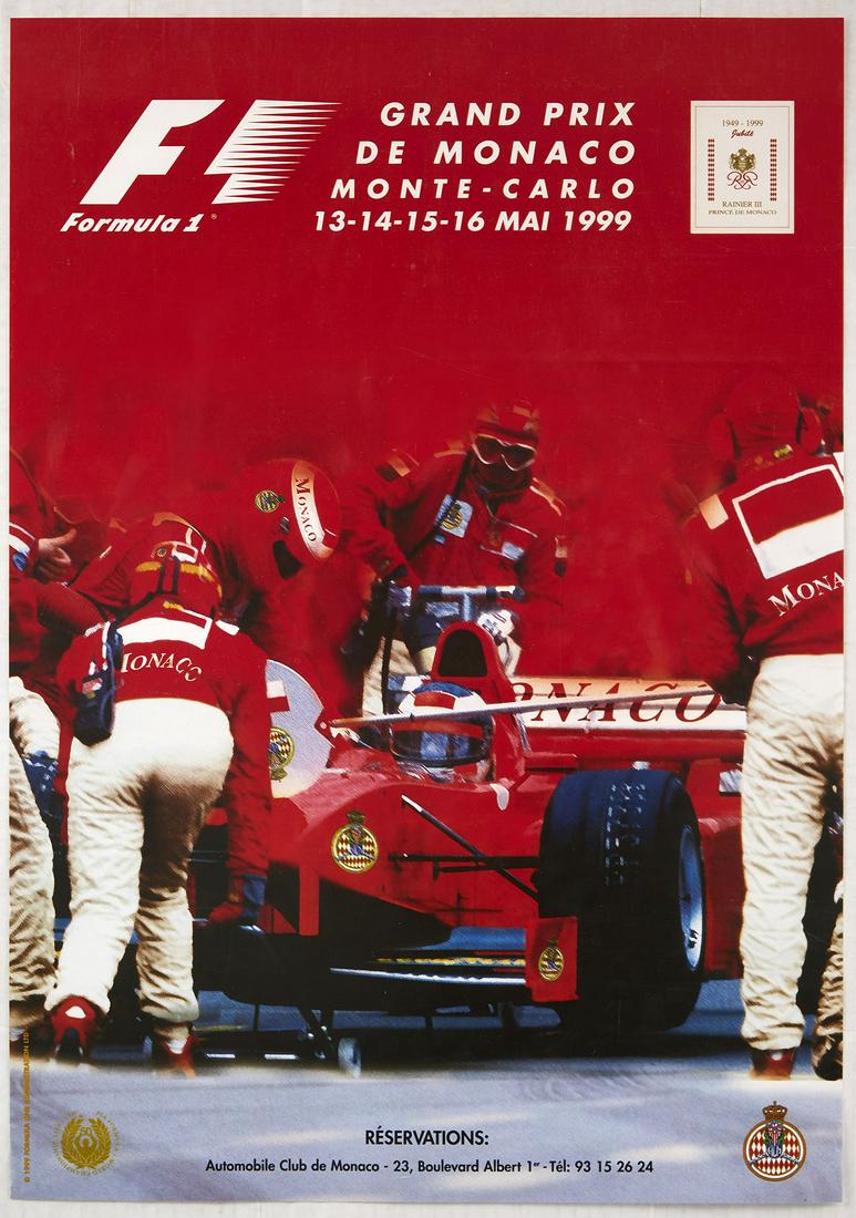 Original Sport Poster Monte Carlo Formula One Grand: Original vintage motorsport poster for the 57 Grand Prix in Monaco that took place between 13 and the 16 May 1999. Great image of a Formula 1 car in the pits surrounded by engineers on a red backgroun