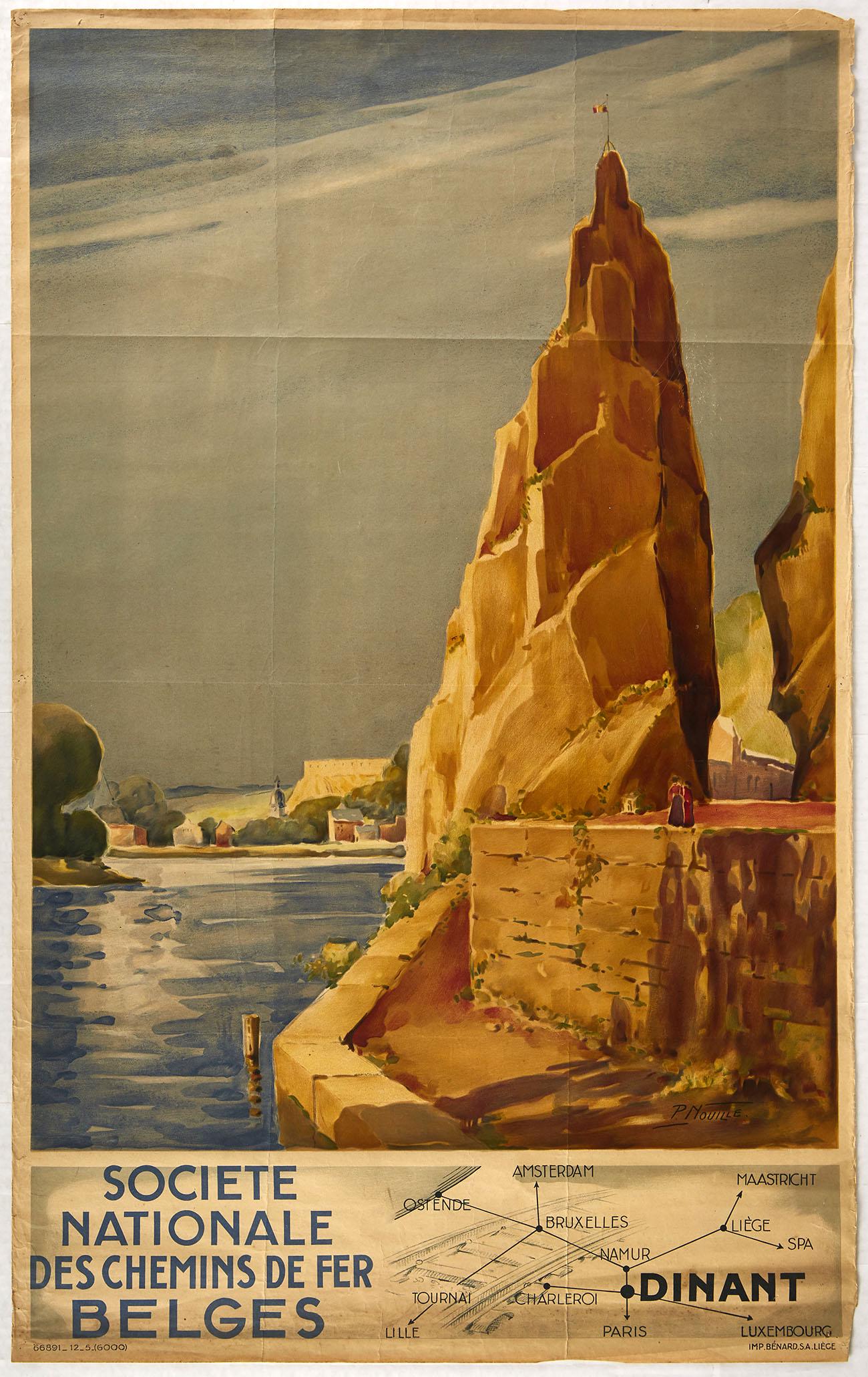 Original Travel Poster Belgian Railway Dinant Belgium: Original vintage travel poster issued by the State Belgian Railways for Dinant featuring people walking by the rocky cliffs next to the river with a church spire and trees in the background and an SNC