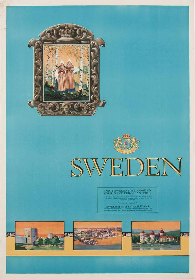 Original Travel Poster Sweden Holiday Swedish State: Original vintage travel poster issued by the Swedish State Railways - Enjoy Sweden's welcome on your next European tour. Images of tourist attractions at the bottom of the poster, two girls in the tra