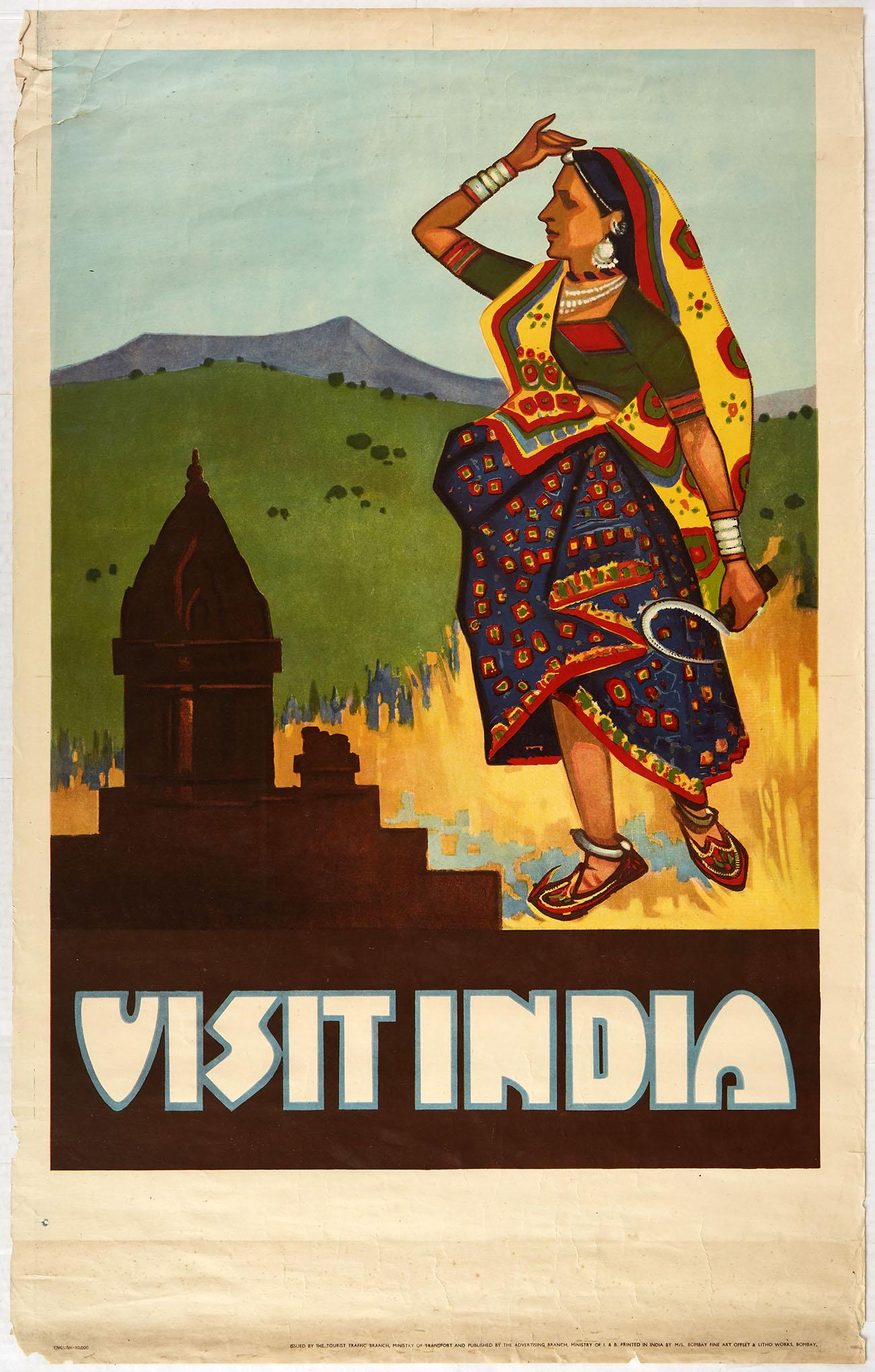 Original Travel Poster Visit India Farmer Lady: Original vintage travel poster - Visit India - featuring a colourful image of a lady in a traditional sari dress and jewellery looking towards the hills in the countryside with the bold stylised lette