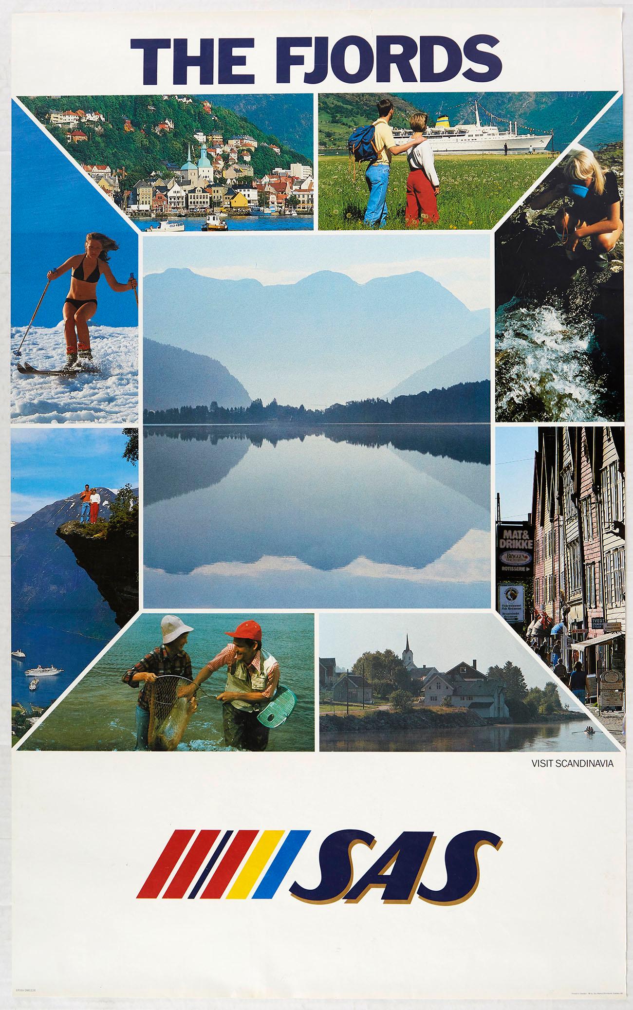 Original Travel Poster The Fjords SAS Airlines: Original vintage travel poster for The Fjords issued by Scandinavian Airlines / SAS the flag carrier of Denmark, Norway and Sweden - Great design features a collage of photographs of the Fjords includ