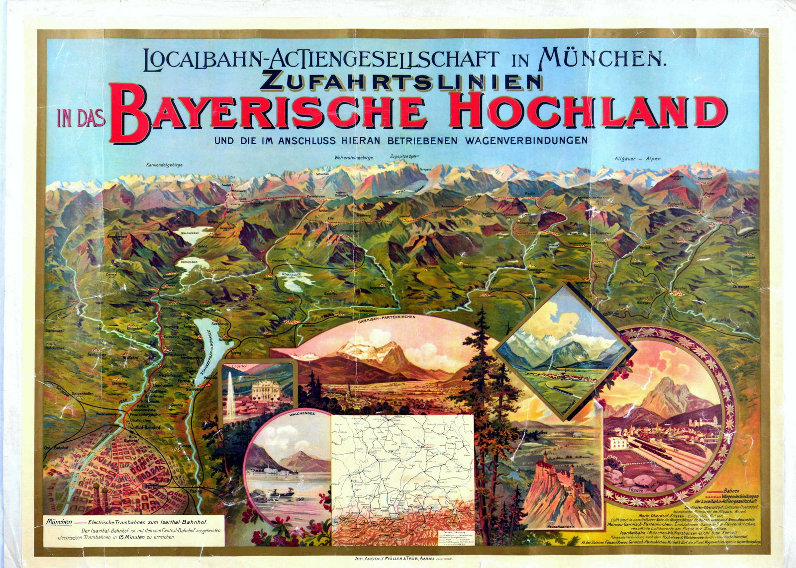 Travel Poster Bavaria Mountains Railway Germany: Original vintage travel poster advertising services of the Zufahrtslinien Railway in Higher Bavaria - Zufahrtslinien in das Bayerische Hochland. Birdseye view of the landscape with Munich in the botto