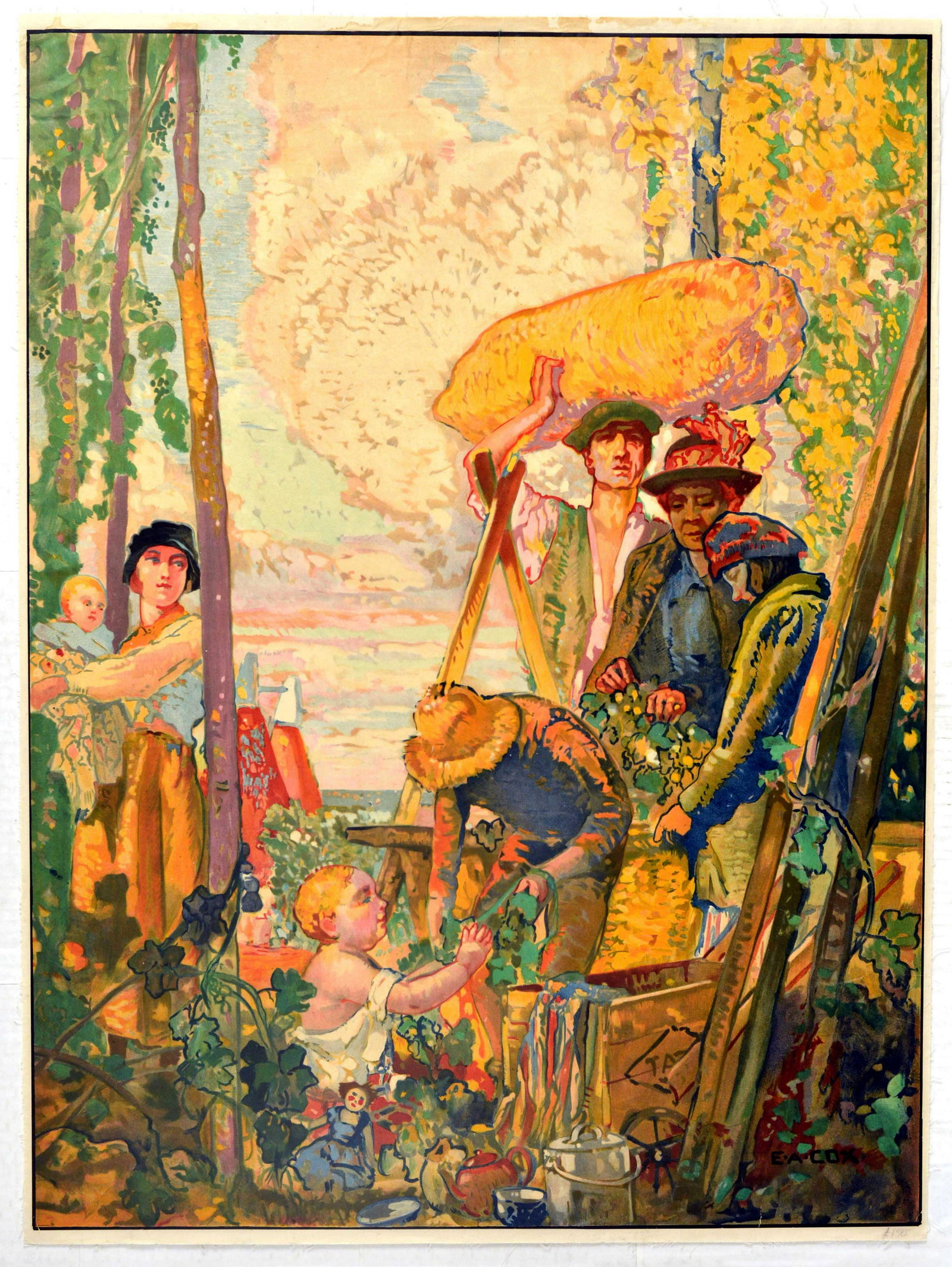Travel Poster Hop Picking Kent London Underground EA: Original vintage poster depicting Hop Pickers in Kent by the British painter and graphic artist Elijah Albert Cox (1876-1955) featuring a colourful image of summer farmers working and a lady holding a