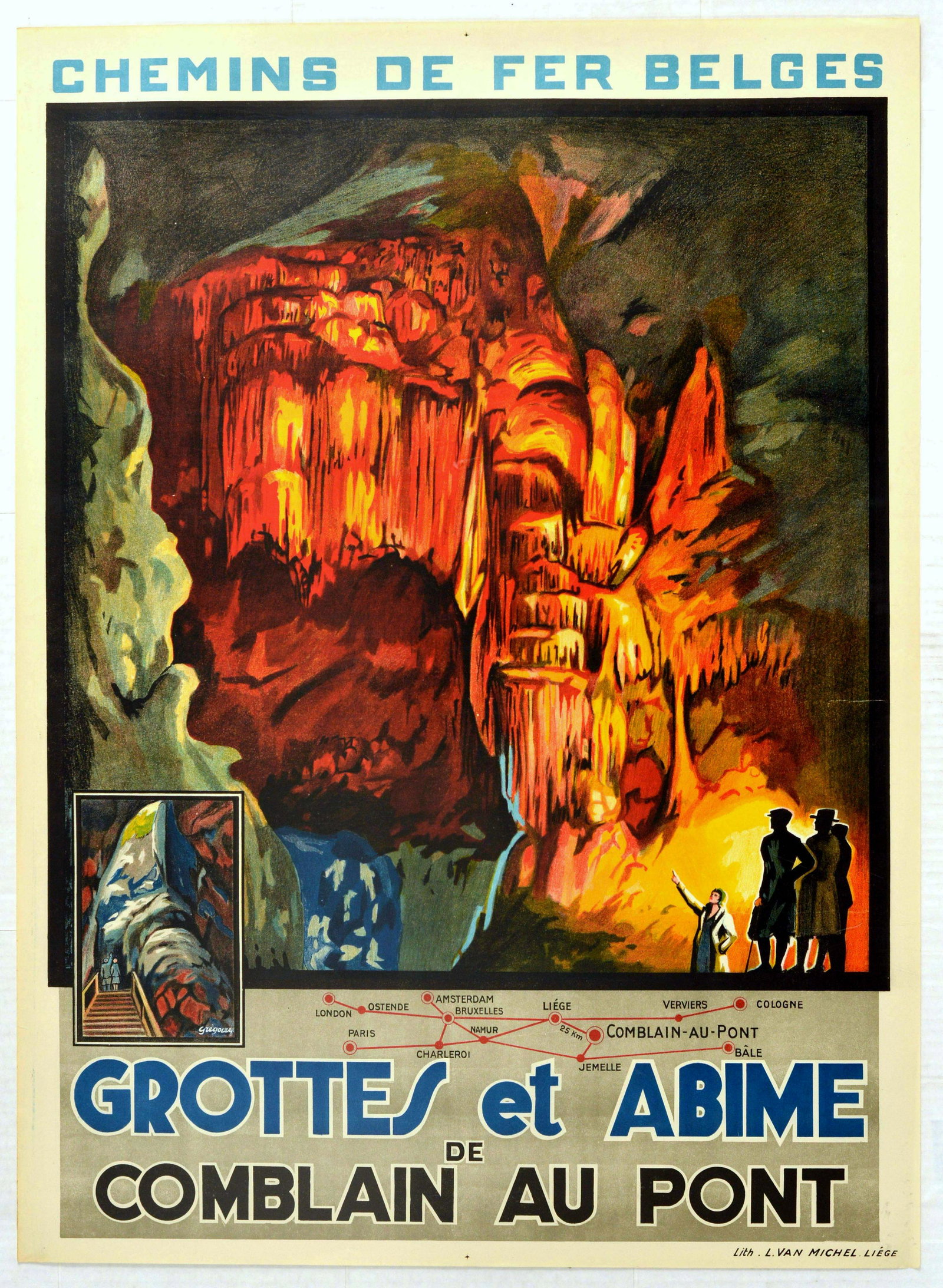 Travel Poster Grottes Et Abime Grotto Cave Of Comblain: Original vintage poster for the Grottes et Abime de Comblain au Pont featuring a dramatic image of people looking up and admiring the Cave of the Abyss formations in the popular tourist destination in