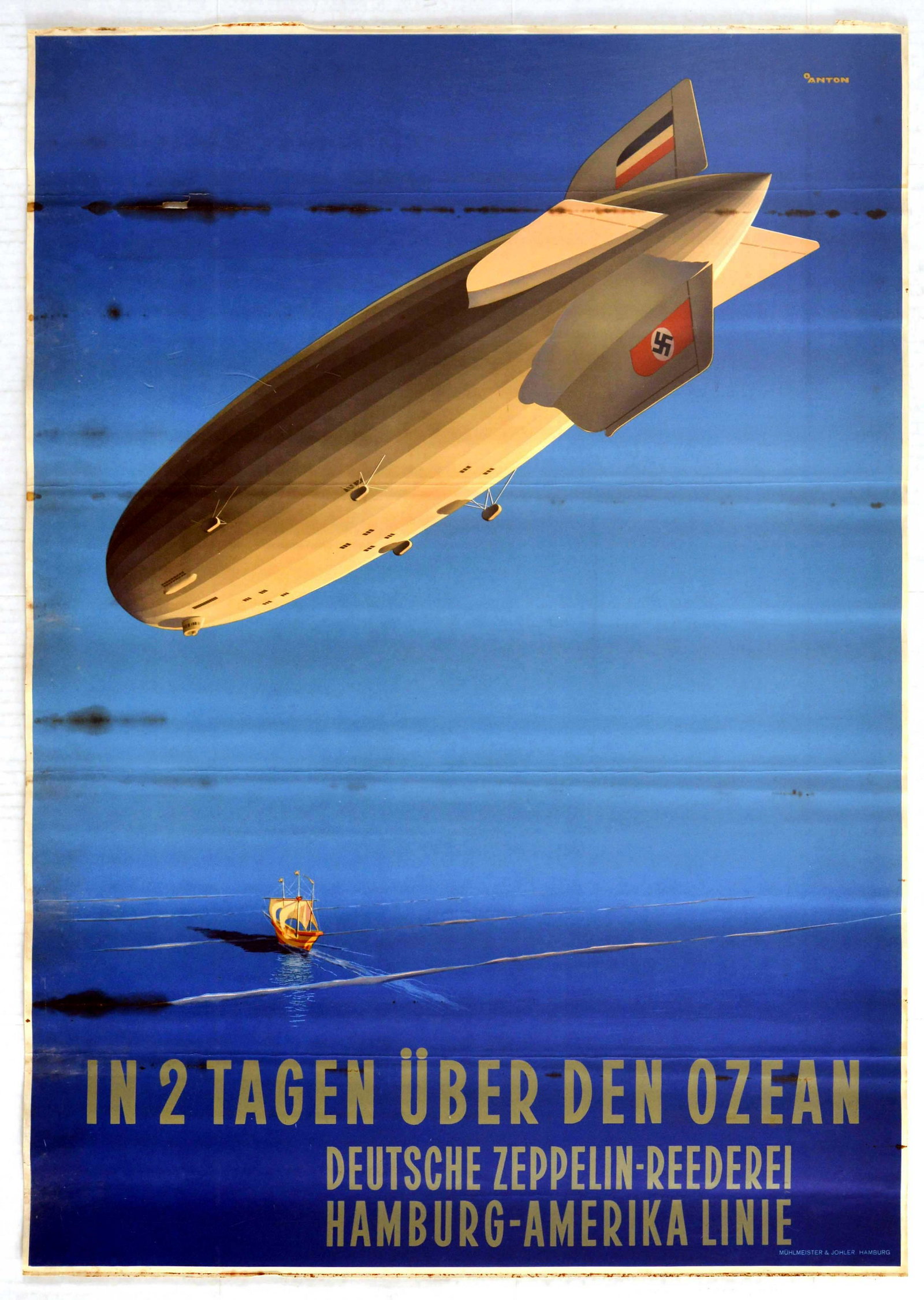 Travel Poster Across the Ocean in 2 days German: Original vintage travel advertising poster in German for Deutsche Zeppelin to promote their services across the Atlantic Ocean between Hamburg and USA in 2 days by Deutsche Zeppelin Reederei (German Z