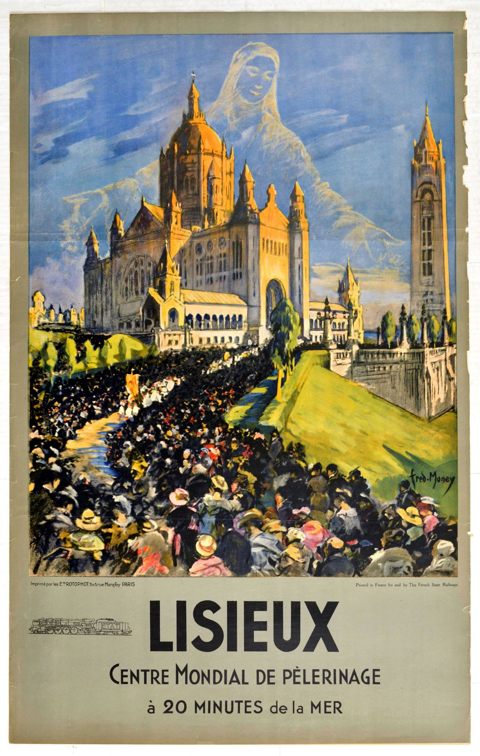 Travel Poster Lisieux Calvados Normandy French Railways: Original vintage travel poster for Lisieux - Centre Mondial De Pelerinage a 20 minutes de la Mer / World Pilgrimage Center 20 minutes from the Sea - Great artwork by Fred Money (1882-1956) features a