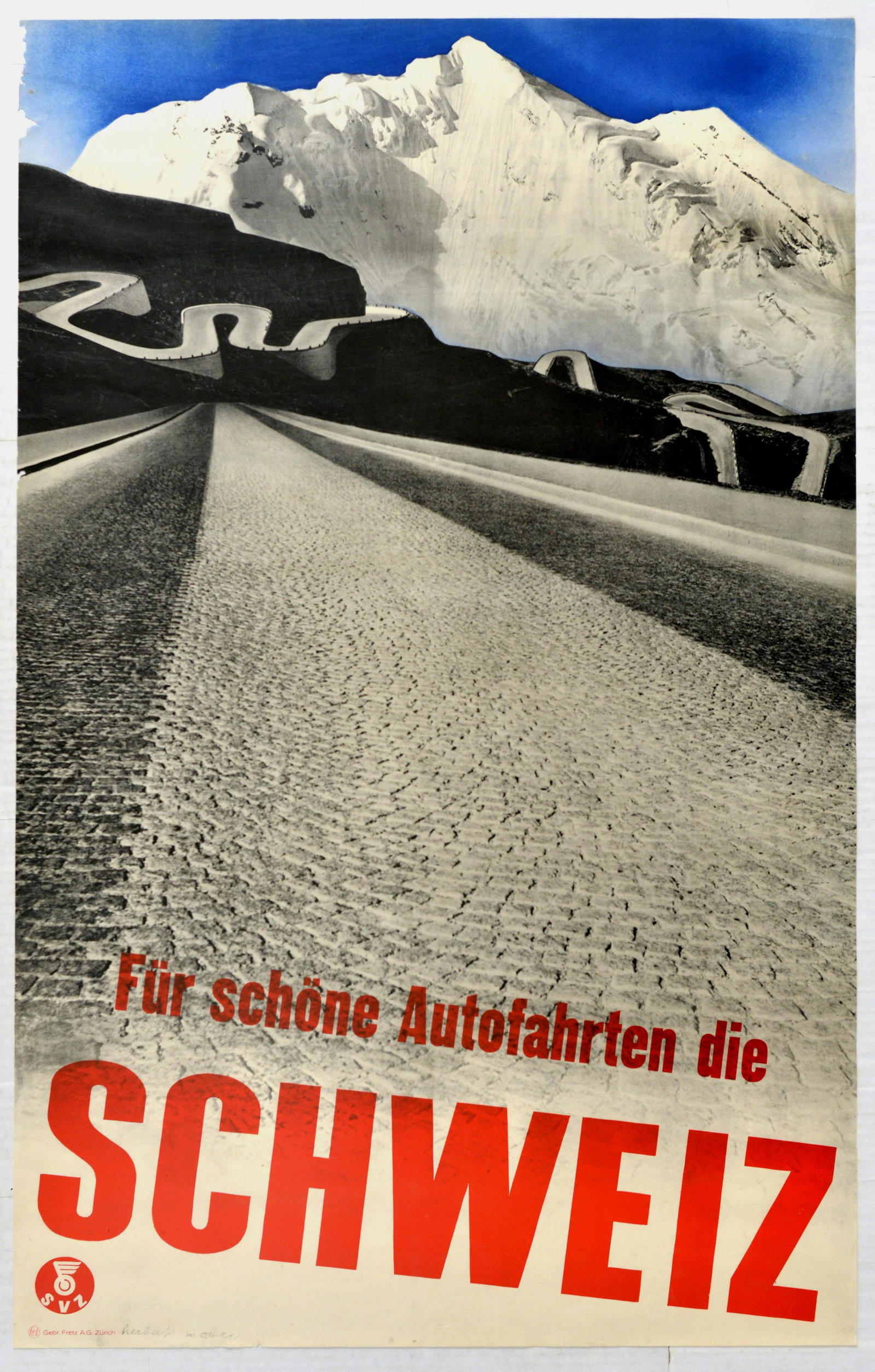 Travel Poster Schweiz Switzerland Fur Schone: Original vintage travel poster - Fur schone autofahrten die Schweiz / Switzerland for beautiful car journeys - featuring a great photogravure design by the notable graphic designer, photographer and a