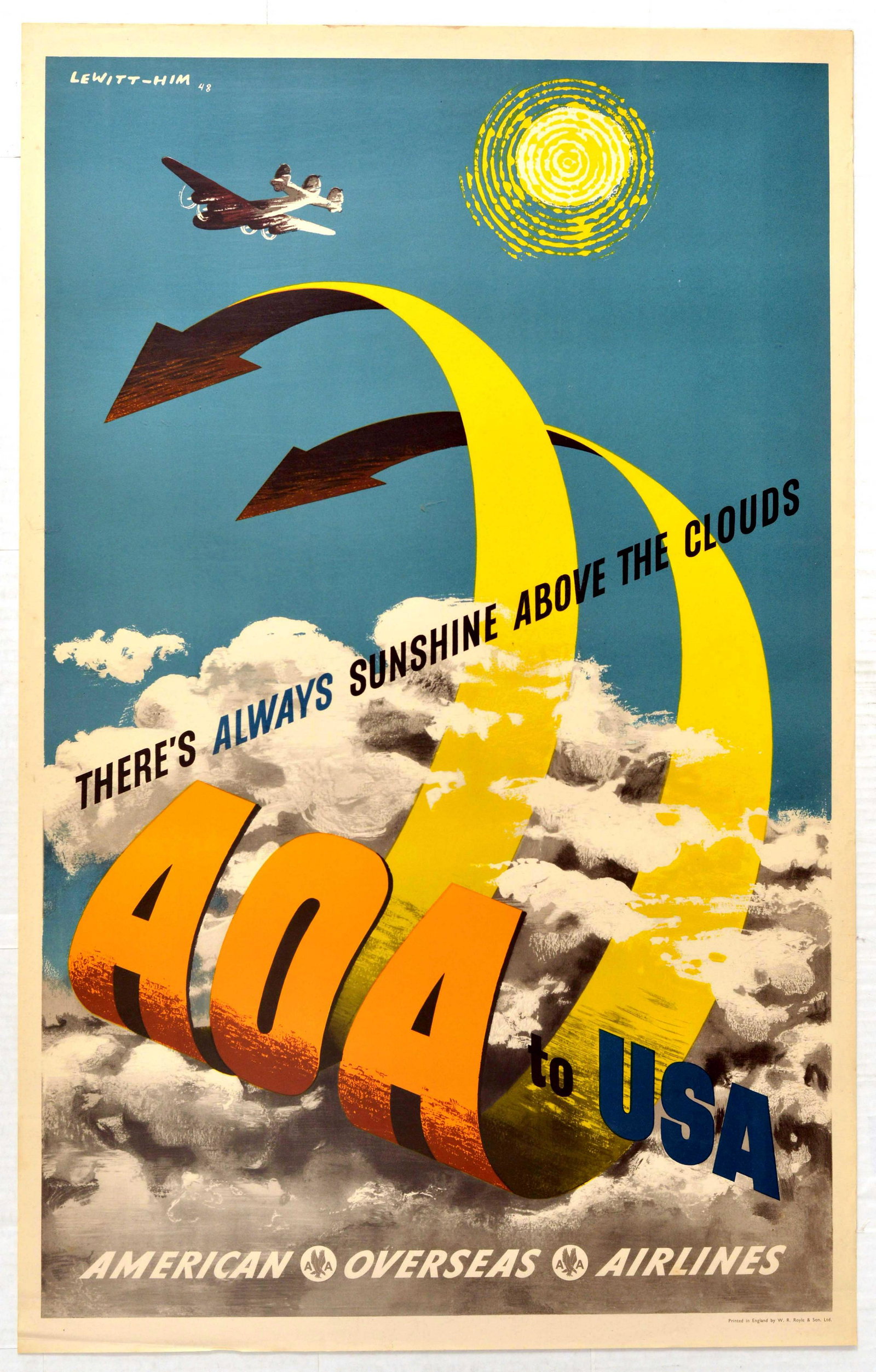 Travel Poster AOA USA Lewitt-Him There's Always: Original vintage travel poster - There's always sunshine above the clouds AOA to USA American Overseas Airlines - featuring a colourful design by Jan Le Witt (1907-1991) and George Him (1900-1981), th
