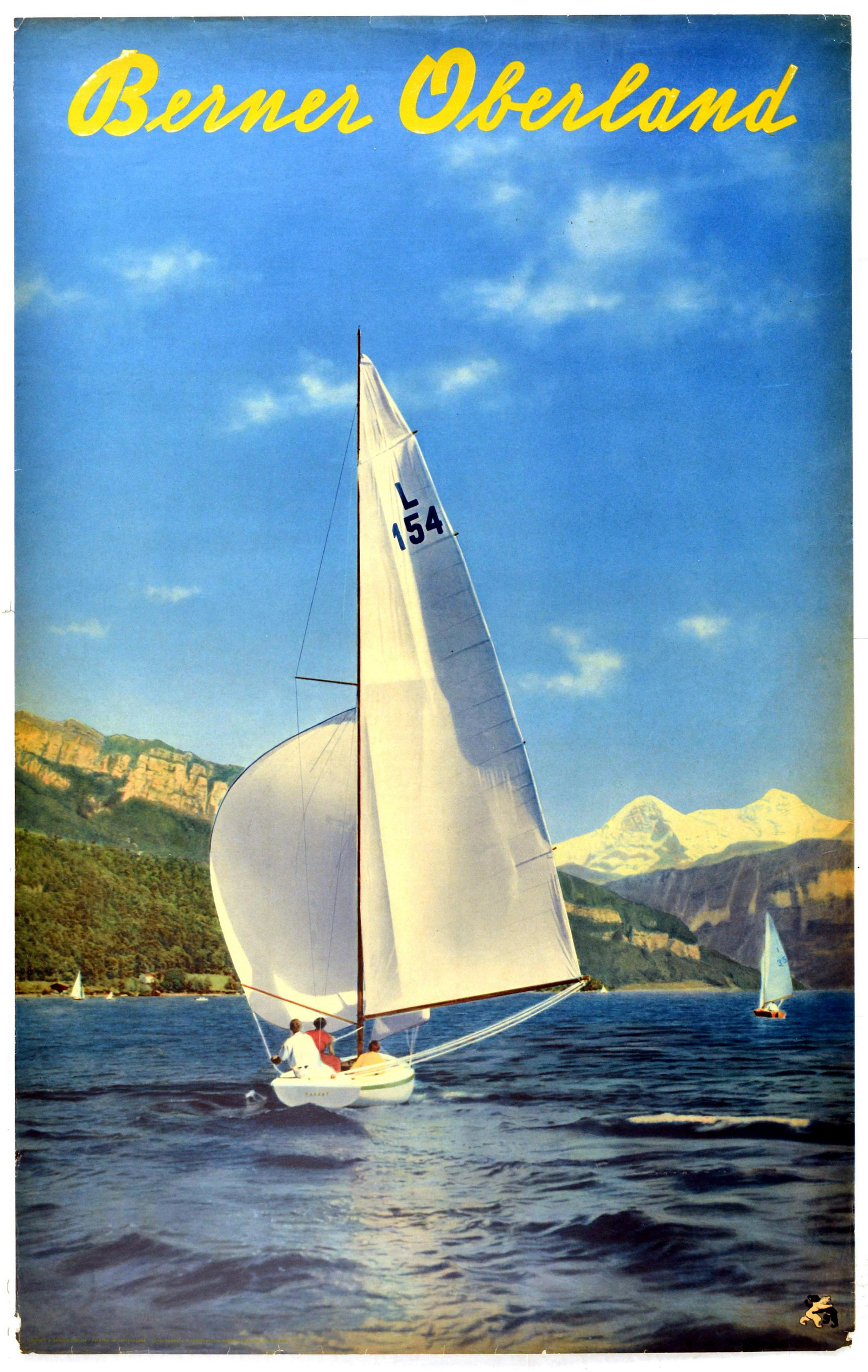 Travel Poster Berner Oberland Sailing Switzerland: Original vintage Swiss travel poster - Berner Oberland - featuring a colour photo of people sailing on a lake with trees on the hills below rocky mountains and the snow topped alps on the horizon agai