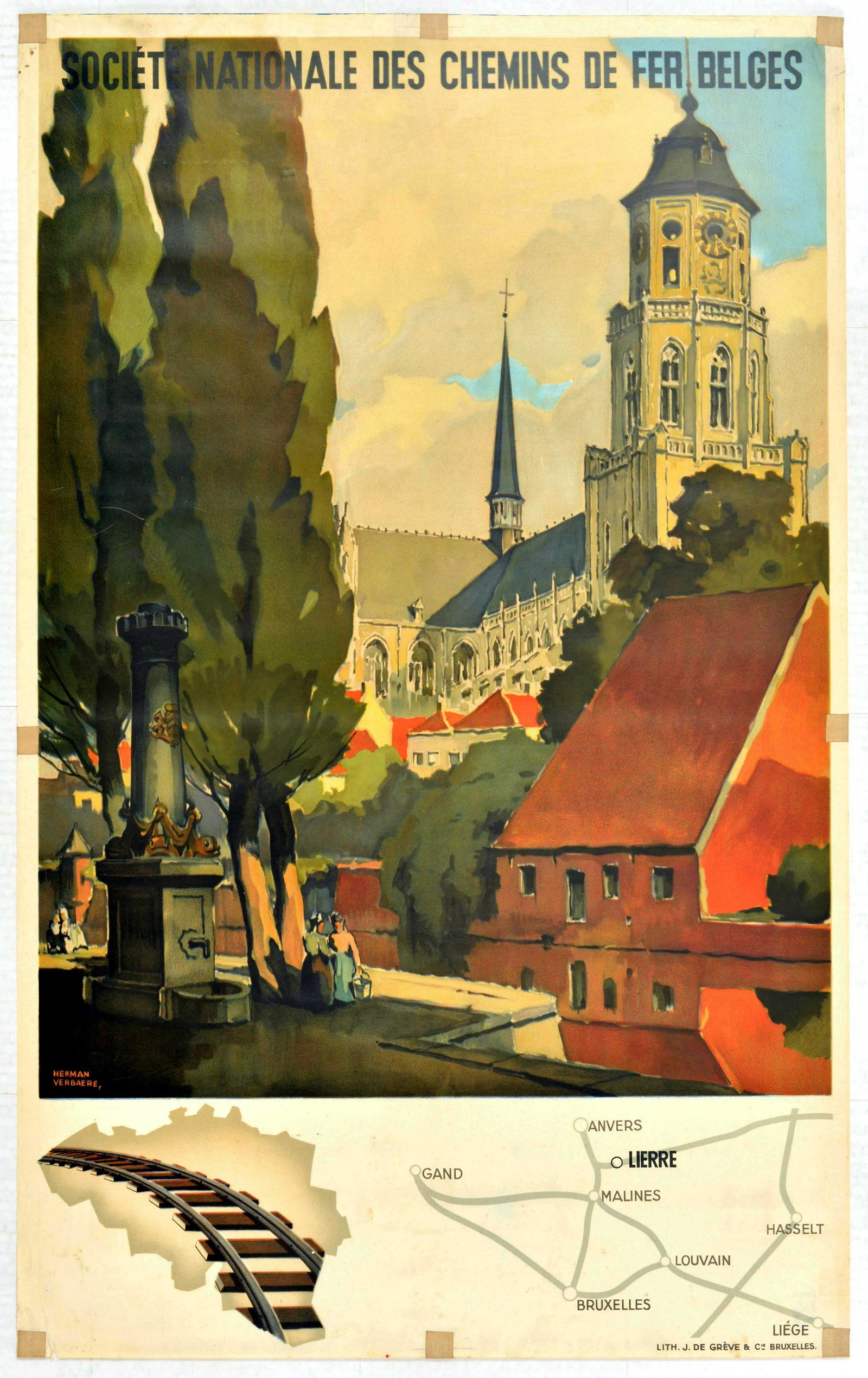 Travel Poster Lierre Belgium National Railway Verbaere: Original vintage travel poster issued by the Belgium State Railway for Lierr. Great image of the city with cathedral in the background designed by Herman Verbaere. Lier is a municipality located in th