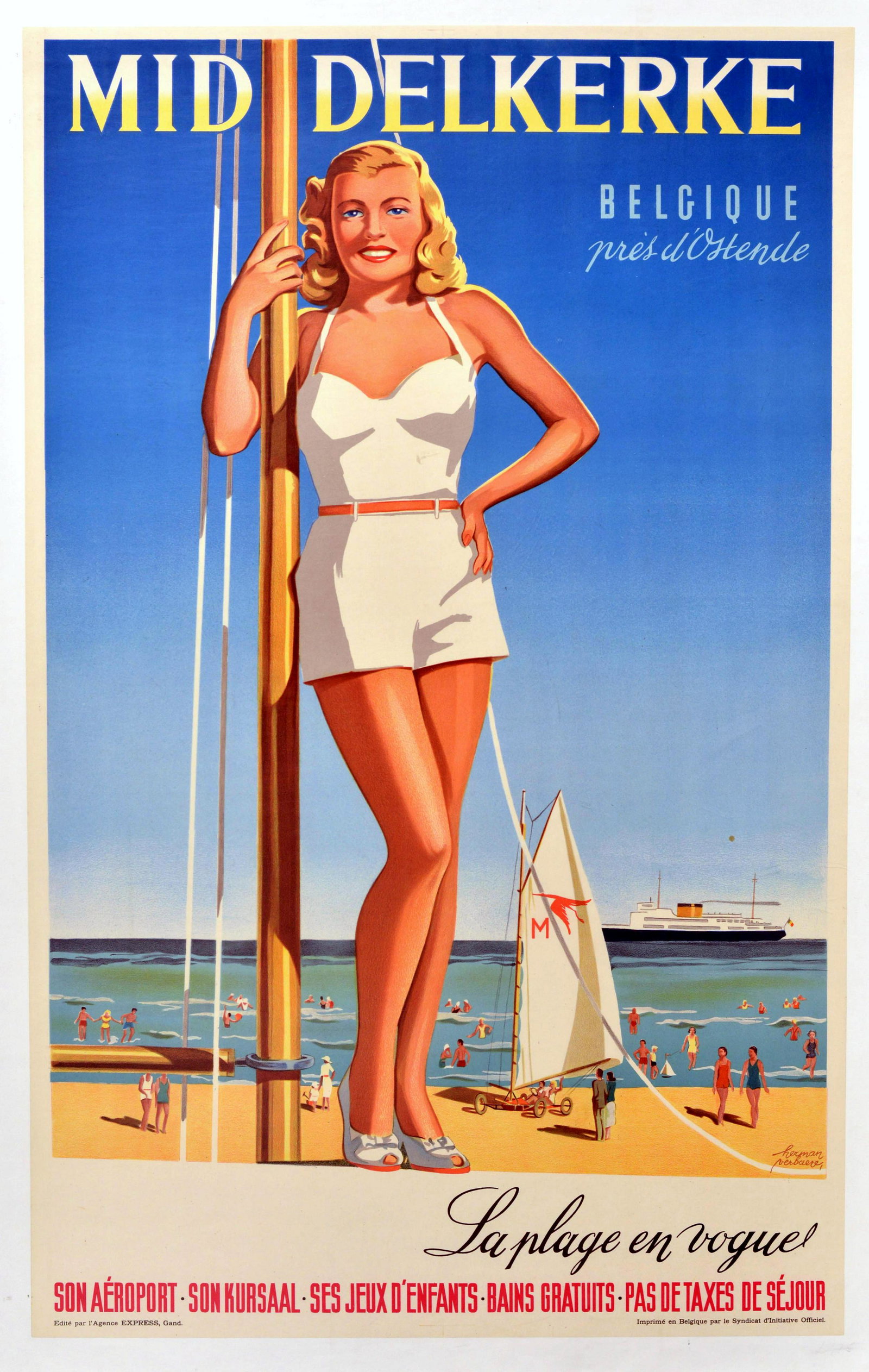 Travel Poster Middelkerke Belgium Ostende Summer Beach: Original vintage summer travel poster by the Belgian artist Herman Verbaere (1906-1993) for Middelkerke Belgium near Ostend - La Plage en Vogue! - Its airport Its amusements Its children's games Free 