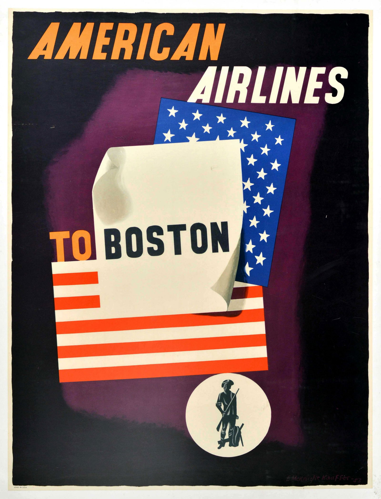 Travel Poster American Airlines Boston McKnight Kauffer: Original vintage travel poster - American Airlines to Boston - featuring a great design by one of the most renowned poster artists of the 20th century Edward McKnight Kauffer (1890-1954) depicting a p