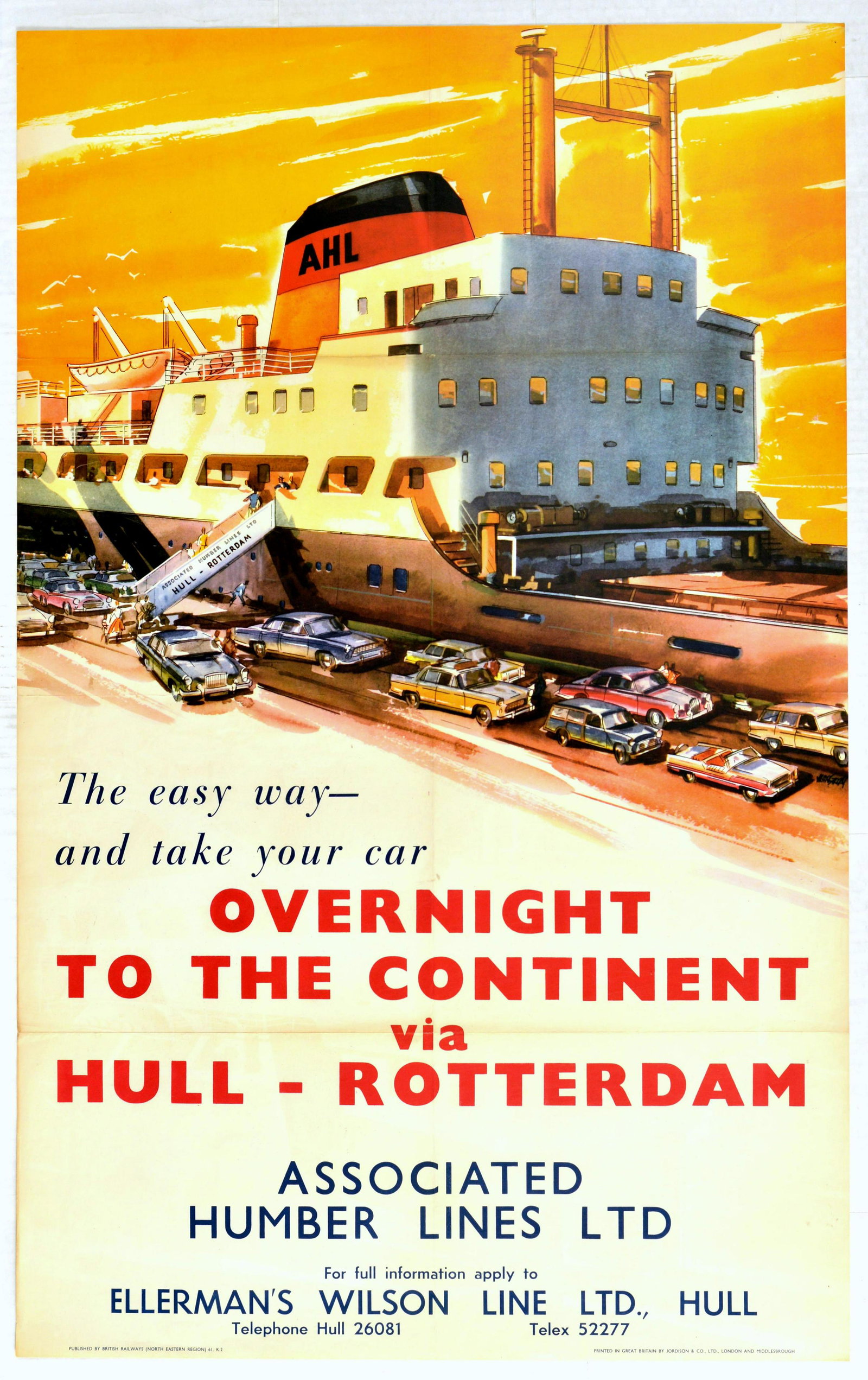 Travel Poster Hull Rotterdam Humber Lines Railway Car: Original vintage poster - The easy way and take your car Overnight to the Continent via Hull Rotterdam Associated Humber Lines Ltd - featuring a colourful image by the painter and poster artist Robert
