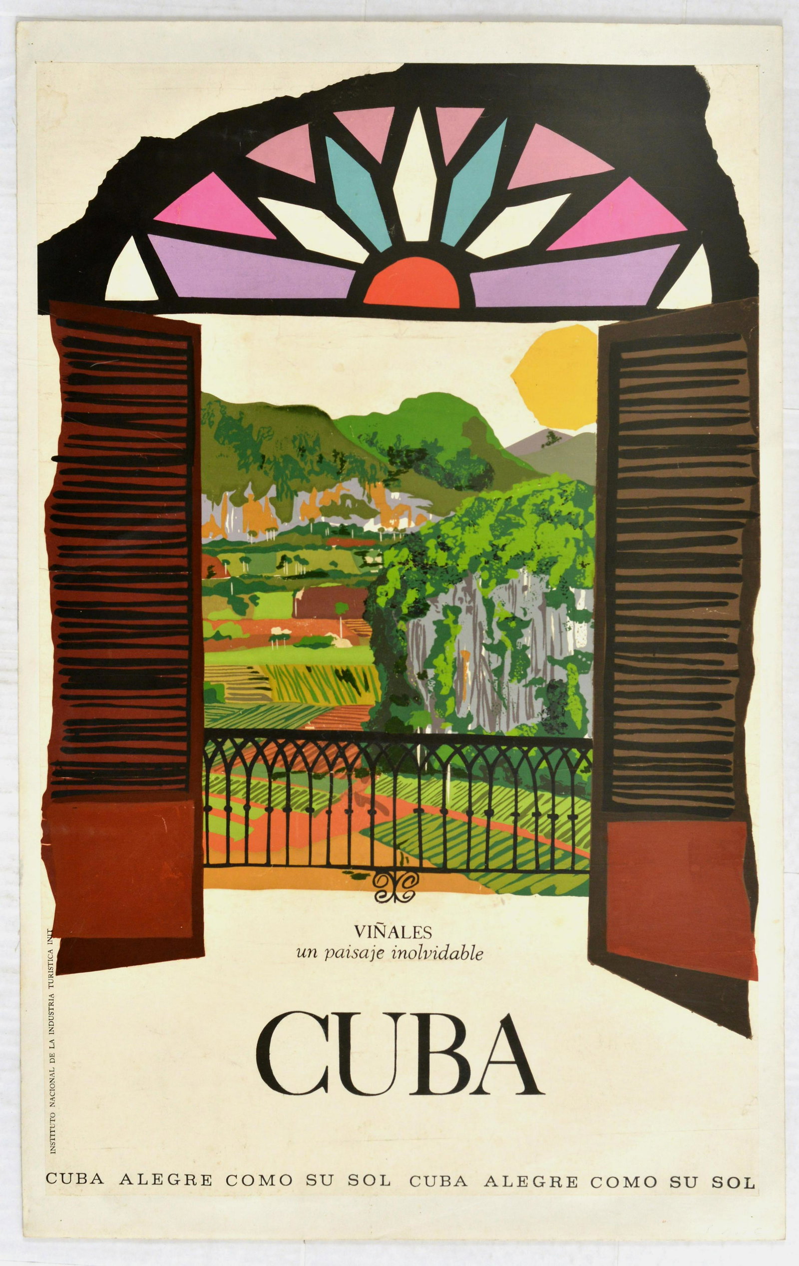 Travel Poster Cuba Vinales Sun Holidays: Original vintage travel poster for Cuba for Vinales Valley. This poster was issued y the Instituto Nacional de la Industria Turistica. The valley has an area of 132 km2 (51 sq mi) and is located in th