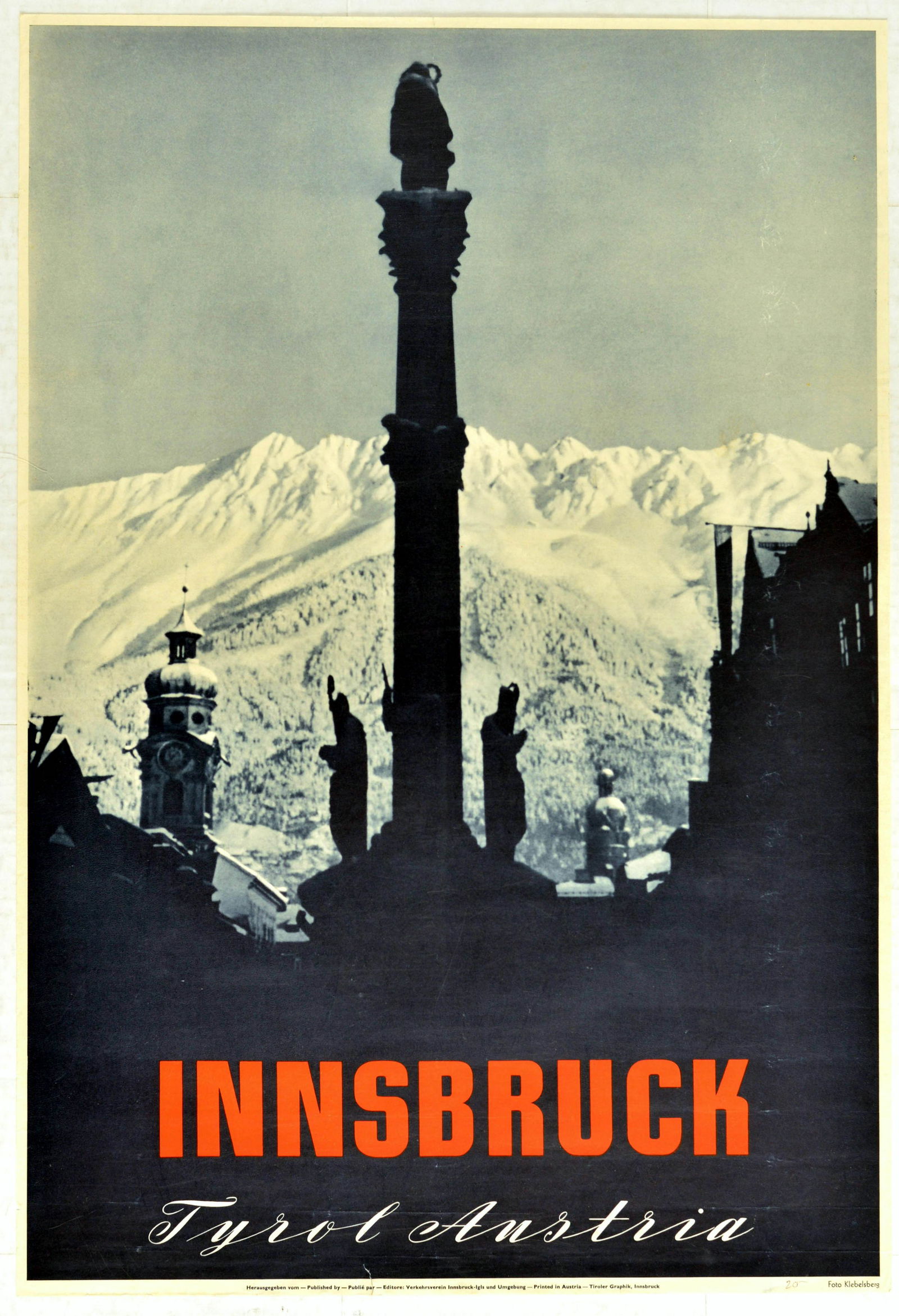 Travel Poster Innsbruck Tyrol Austria Skiing: Original vintage travel poster for Innsbruck, Tyrol, Austria, with a photo by Klebelsberg. Innsbruck is the capital city of the Tyrol region and the fifth-largest city in Austria. It's name literally