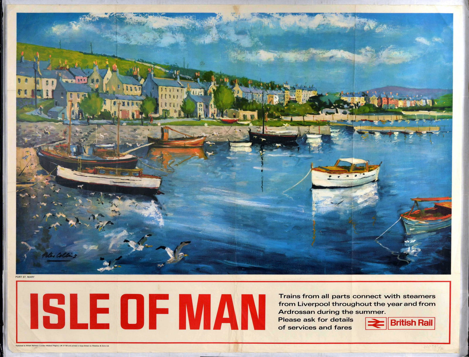 Travel Poster Isle Of Man Port St Mary British Rail: Original vintage British Rail travel poster for the Isle of Man featuring a colourful scenic painting by Peter Collins of Port St Mary / Purt le Moirrey with boats moored in the harbour of this fishin