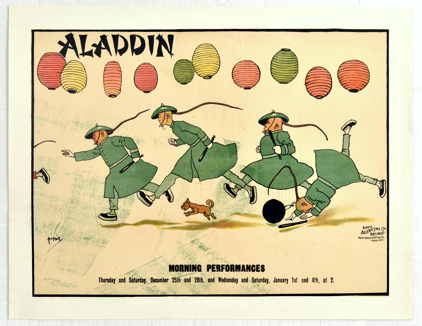 Advertising Poster Aladdin Pantomime Theatre Hassall: Original antique Christmas pantomime theatre poster for Aladdin - Morning Performances Thursday and Saturday December 25th and 28th and Wednesday and Saturday January 1st and 4th at 2 - featuring a fu