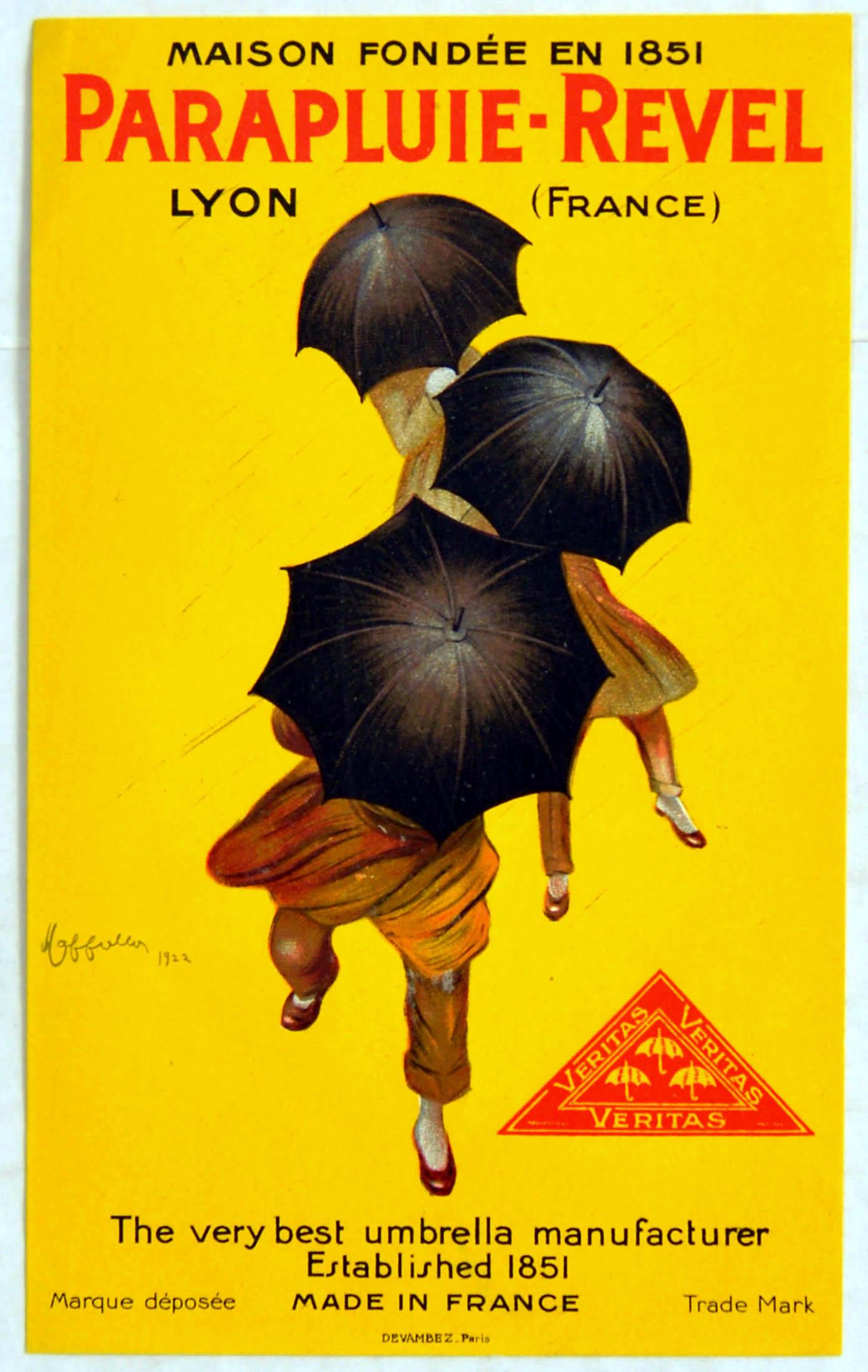 Advertising Poster Paraplui Revel Devambez Cappiello: Original vintage small advertising poster for a brand of umbrellas Parapluie Revel (French, Umbrella Revel), the former leading brand of the company Revel. In 1922, Revel engaged the famous Italian po