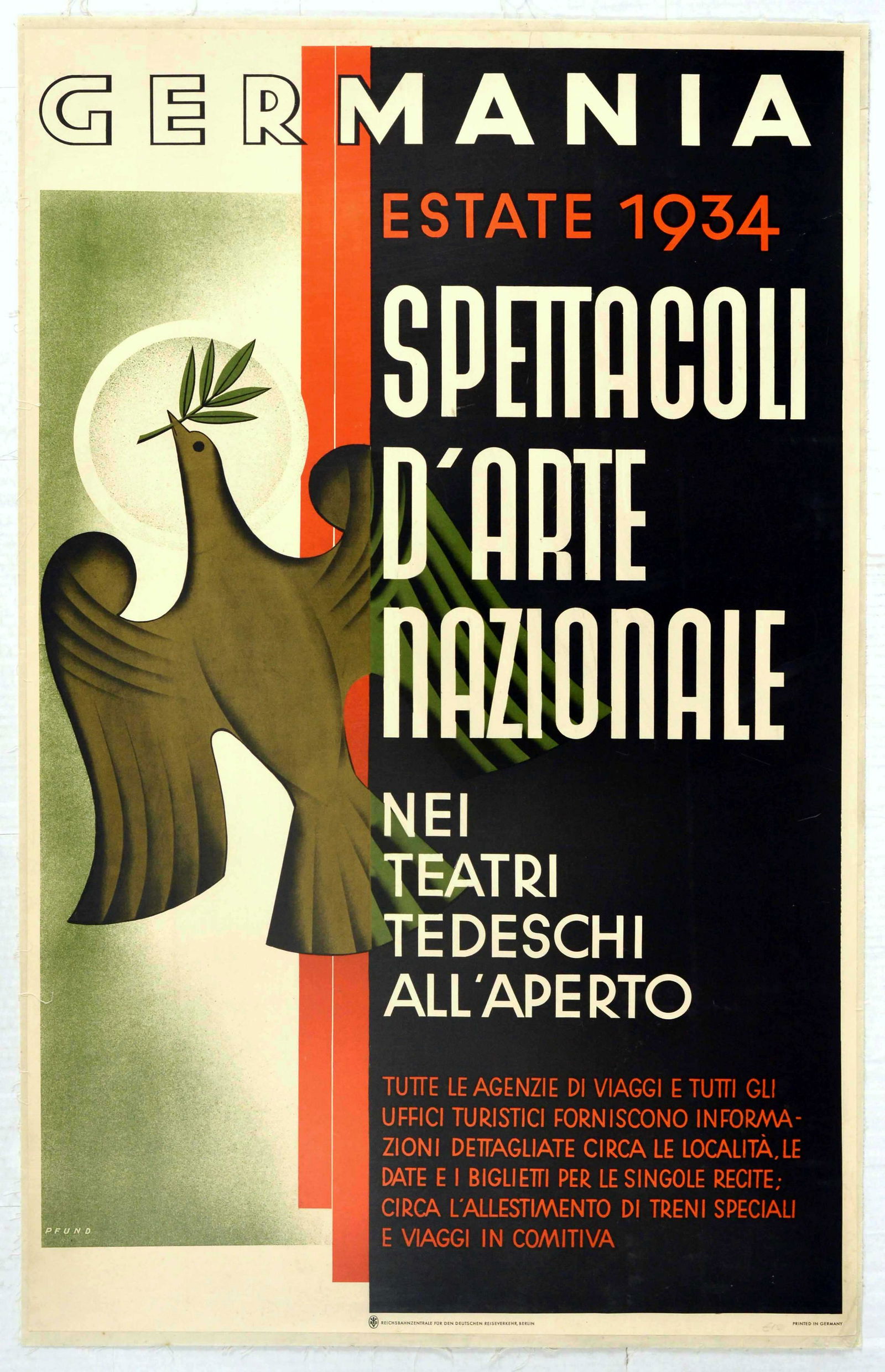 Advertising Poster Germania 1934 Theatre Art Deco: Original vintage travel advertising poster - Germania Estate 1934 Spettacoli d'Arte Nationale Nei Teatri Tedeschi All'Aperto / Germany Summer 1934 National Art Shows In German Outdoor Theatres - featu