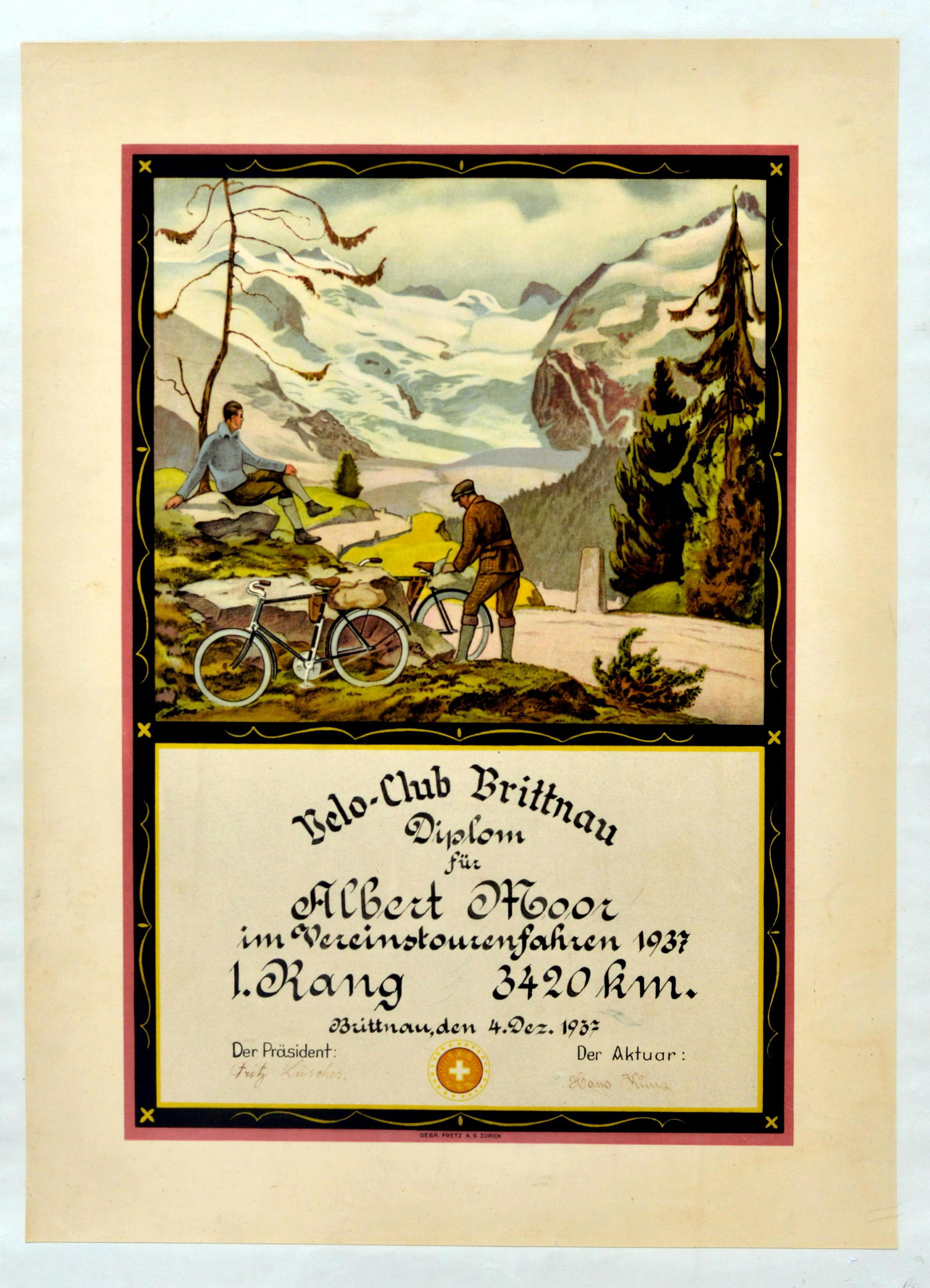 Advertising Poster Cycling Club Brittnau Switzerland: Original vintage diploma certificate issued by Belo Club cycling club Brittnauto Albert Moor in 1937 for achieving 1st rank and completing a distance of 3,420 km. Great design features two men standin