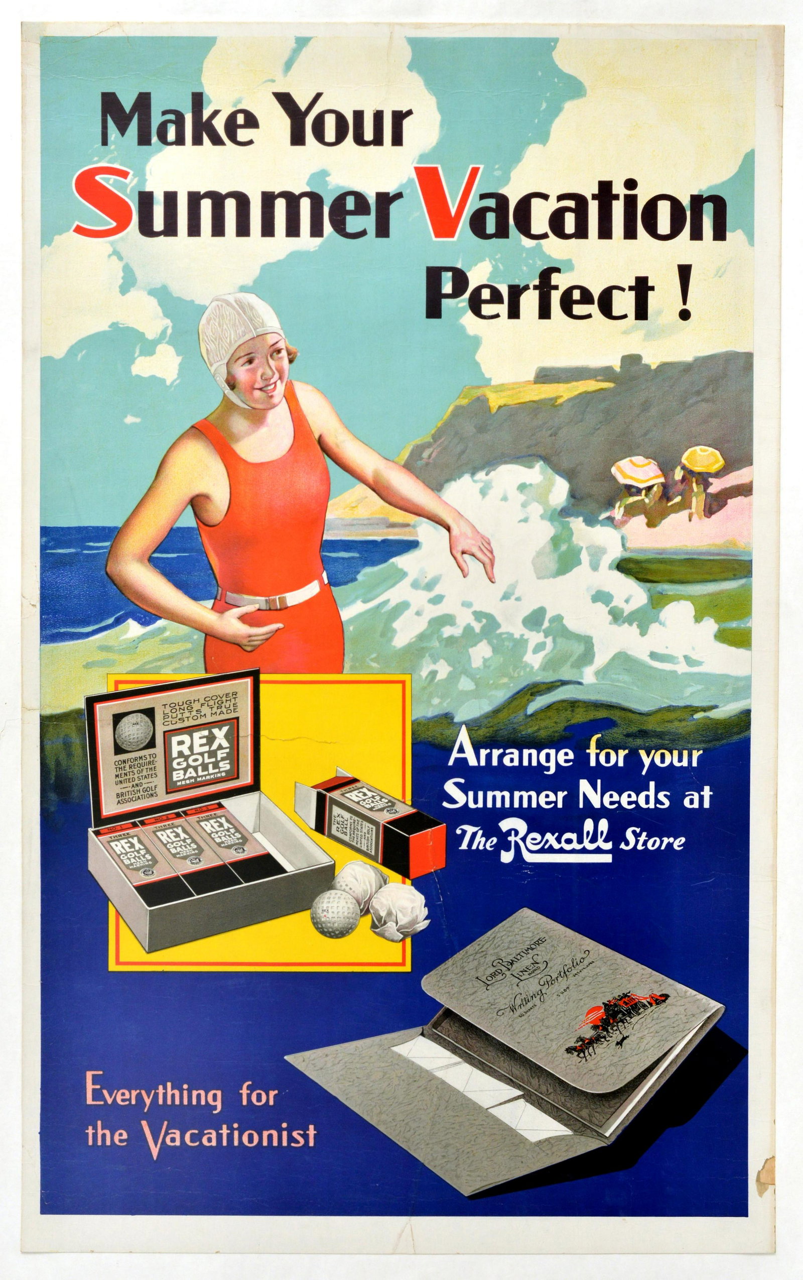 Advertising Poster Summer Vacation Rexall Golf: Original vintage advertising poster - Make your summer vacation perfect! Arrange for your summer needs at the Rexall store Everything for the vacationist - featuring a colourful image of a smiling you