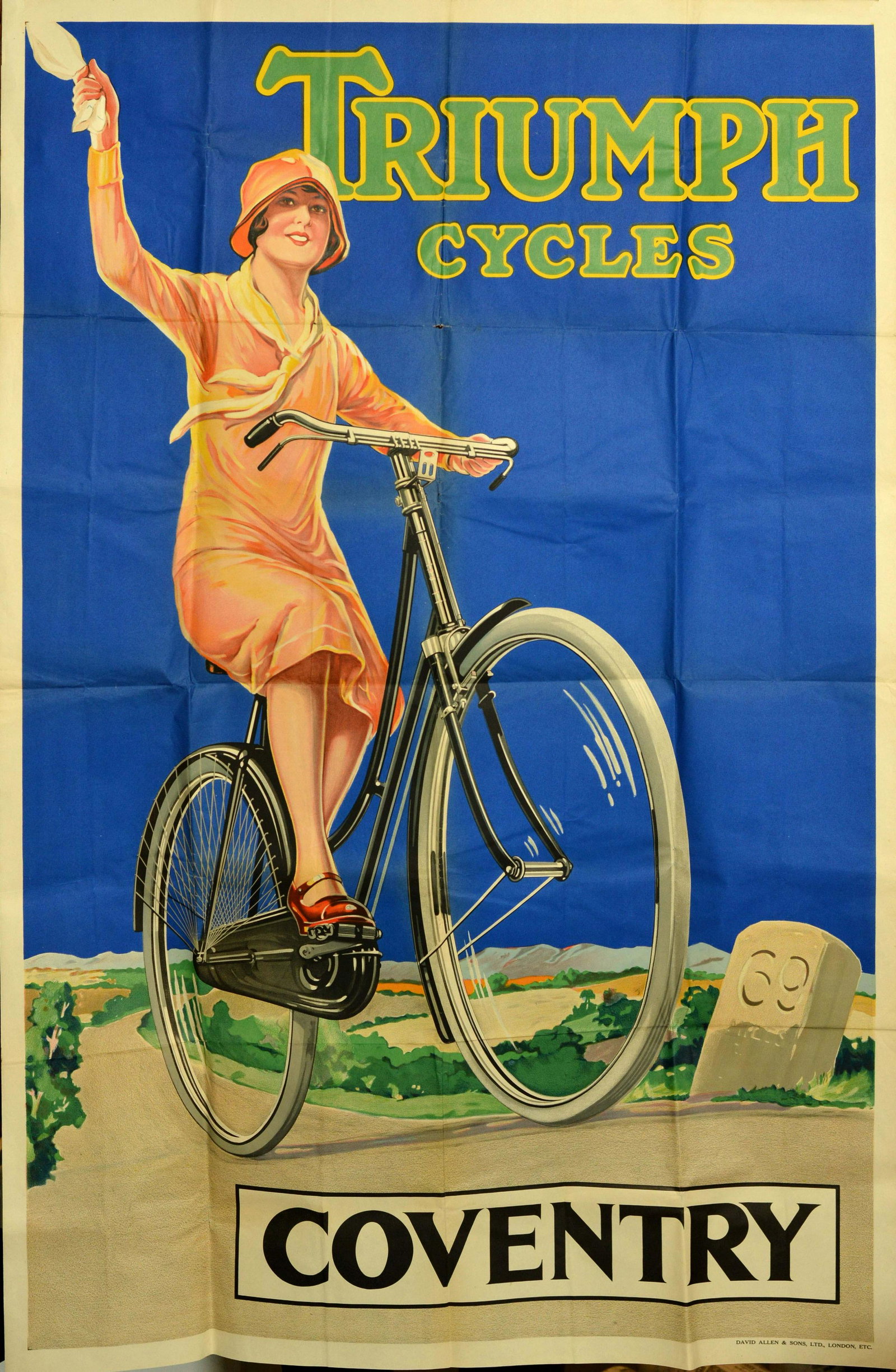 Advertising Poster Triumph Cycles: Original vintage advertising poster for Triumph Cycles featuring a lady wearing a summer dress and hat and waving a scarf as she rides her smart new bicycle through the countryside with hills in the d