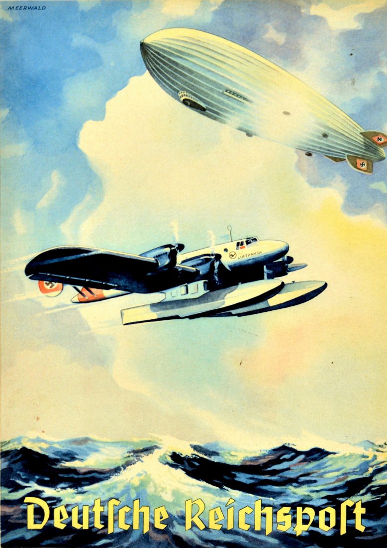 Advertising Poster Deutsche Reichspost Zeppelin: Original vintage telegram cover issued by the German Post Office in Nazi Germany. Dynamic cover image of a Zeppelin and a boat plane with Lufthansa logo flying over the waves, both have swastikas on t
