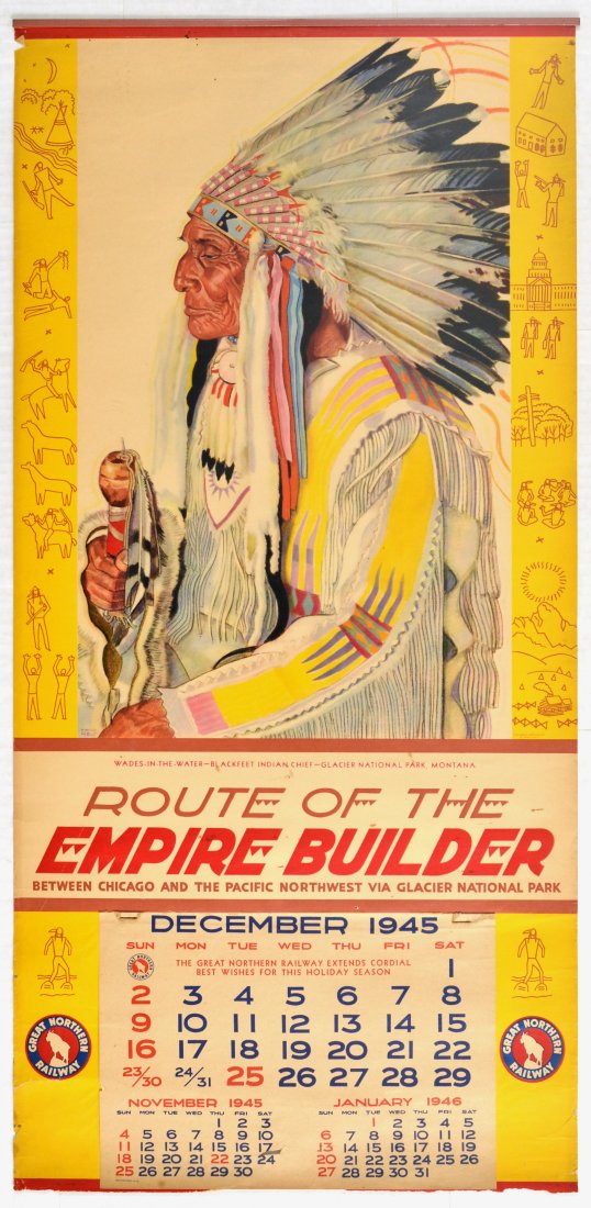 Advertising Poster Empire Builder Wades in the Water: Original vintage travel calendar advertising poster - Route of the Empire Builder Between Chicago and the Pacific Northwest via Glacier National Park - featuring a native American sitting wearing trad