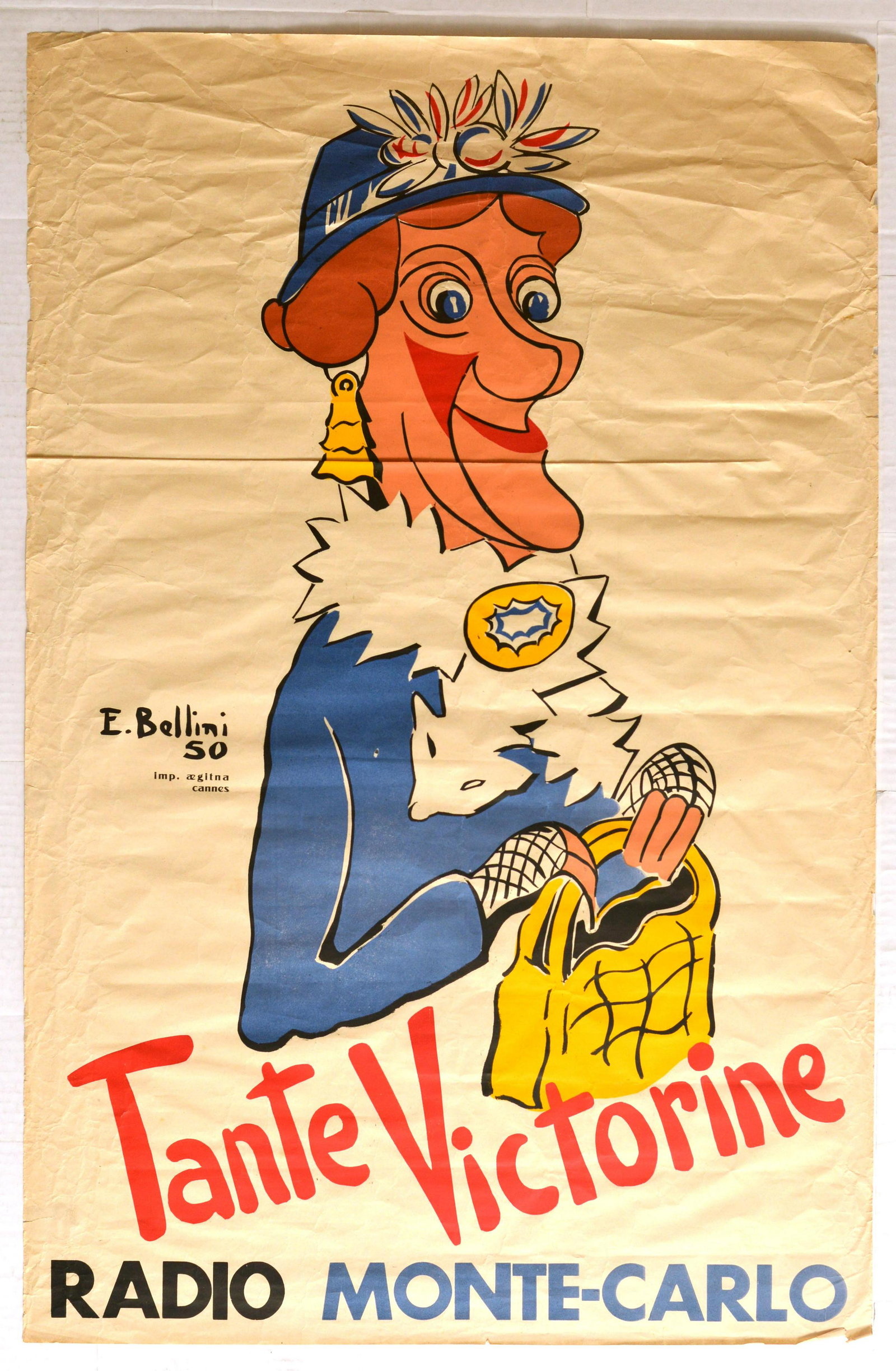 Advertising Poster Radio Monte Carlo Monaco Tante: Original vintage advertising poster for a Tante Victorine personality from Radio Monte Carlo. The character of Tante Victorine was played by Francis Gag and broadcast on Radio MonteCarlo. Lithograph p