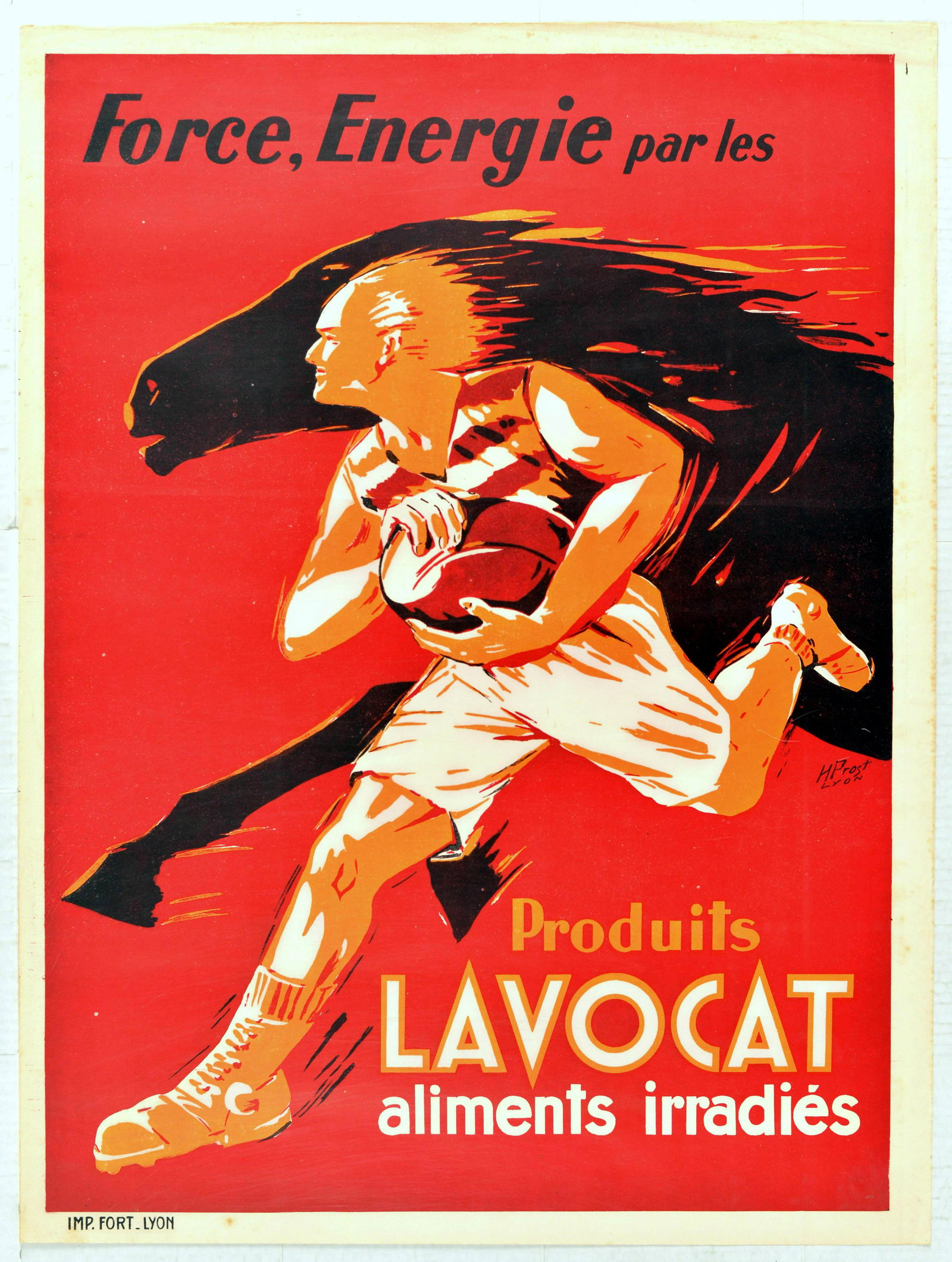 Advertising Poster Lavocat Rugby Irradiated Food Energy: Original vintage advertising poster for irradiated food products sold by Lavocat company - Force, Energie par les Produits Lavocat, aliments irradies - Strength, Energy by Lavocat Products, irradiated