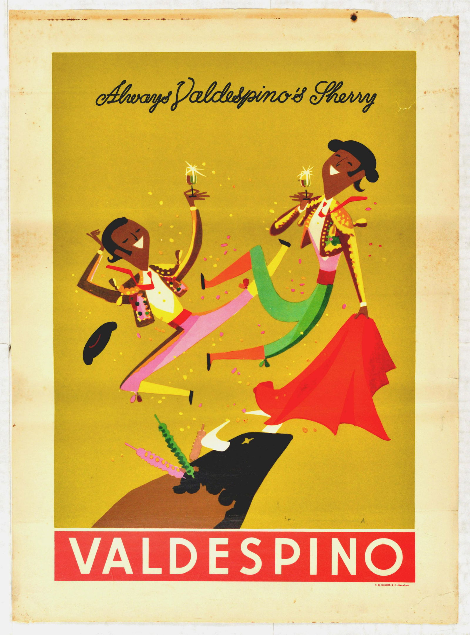 Advertising Poster Sherry Wine Valdespino Matador Spain: Original vintage advertsing poster for a Valdespino sherry. Fun image of two bull fighters kicked in the air by a bull and holding glasses of sherry with text: Always Valdespino's Sherry. Printed by T