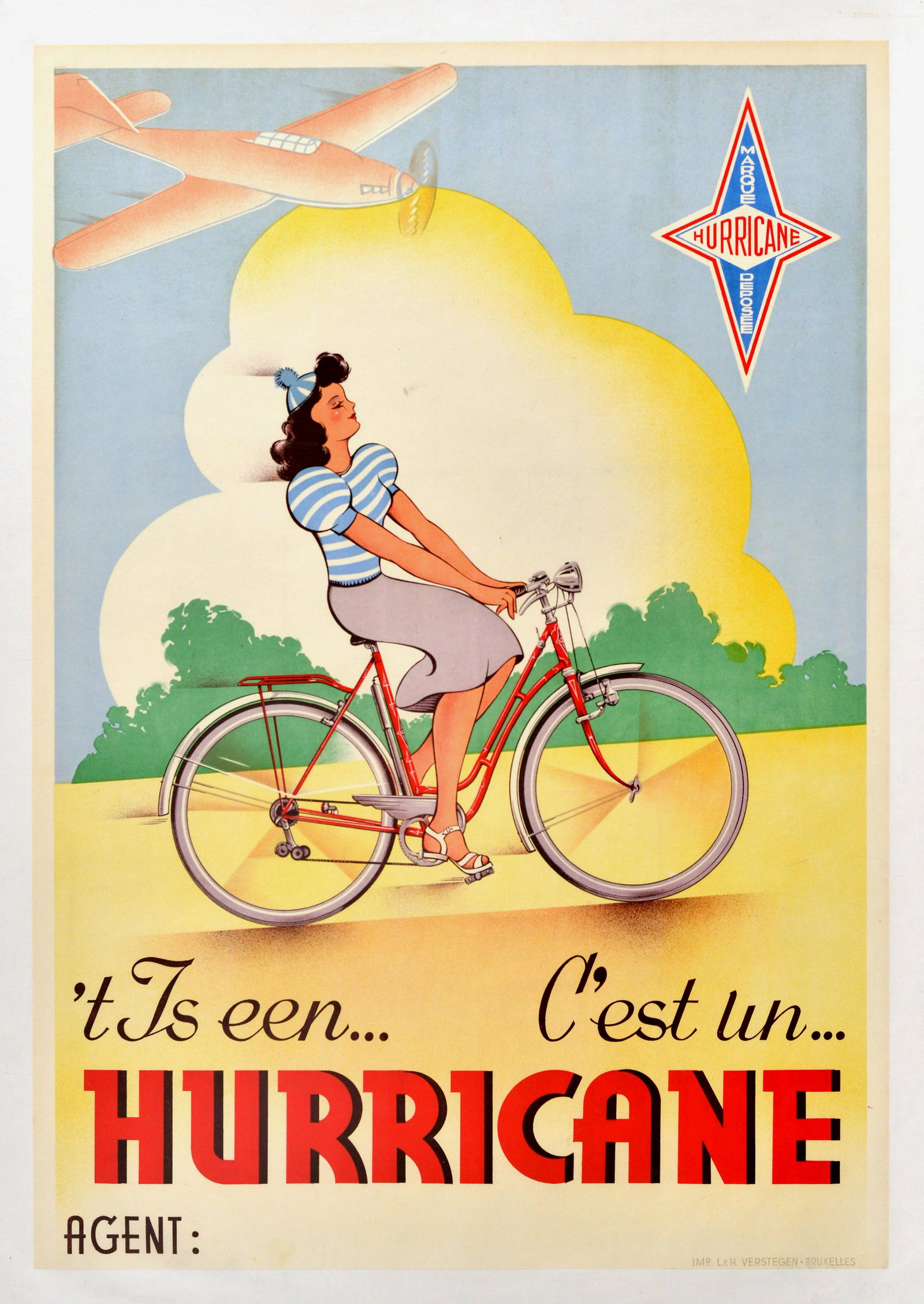 Advertising Poster Hurricane Bicycle: Original vintage bicycle advertising poster - 't is een... C'est une... Hurricane - featuring a cycling image of a young lady riding her brand new shiny red Hurricane bike along a country road with tr