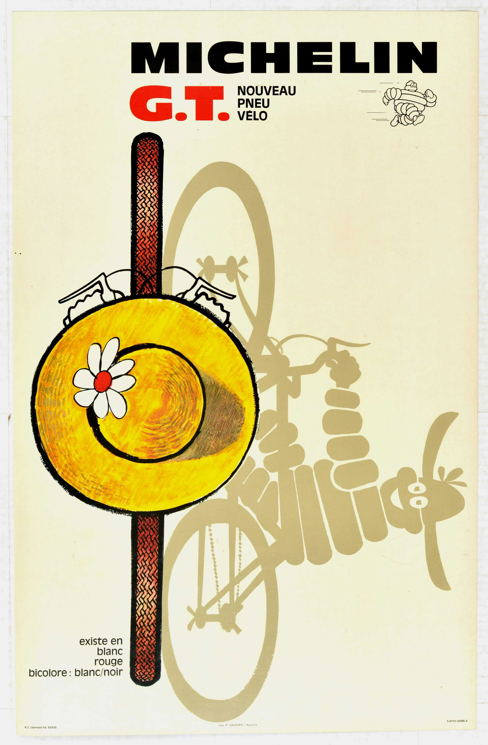 Advertising Poster Michelin G.T. New Bicycle Tyres: Original vintage Michelin poster advertising new bicycle tyres available in white red and two-tone: white / black featuring a fun design depicting the iconic Michelin Man Bibendum character smiling to